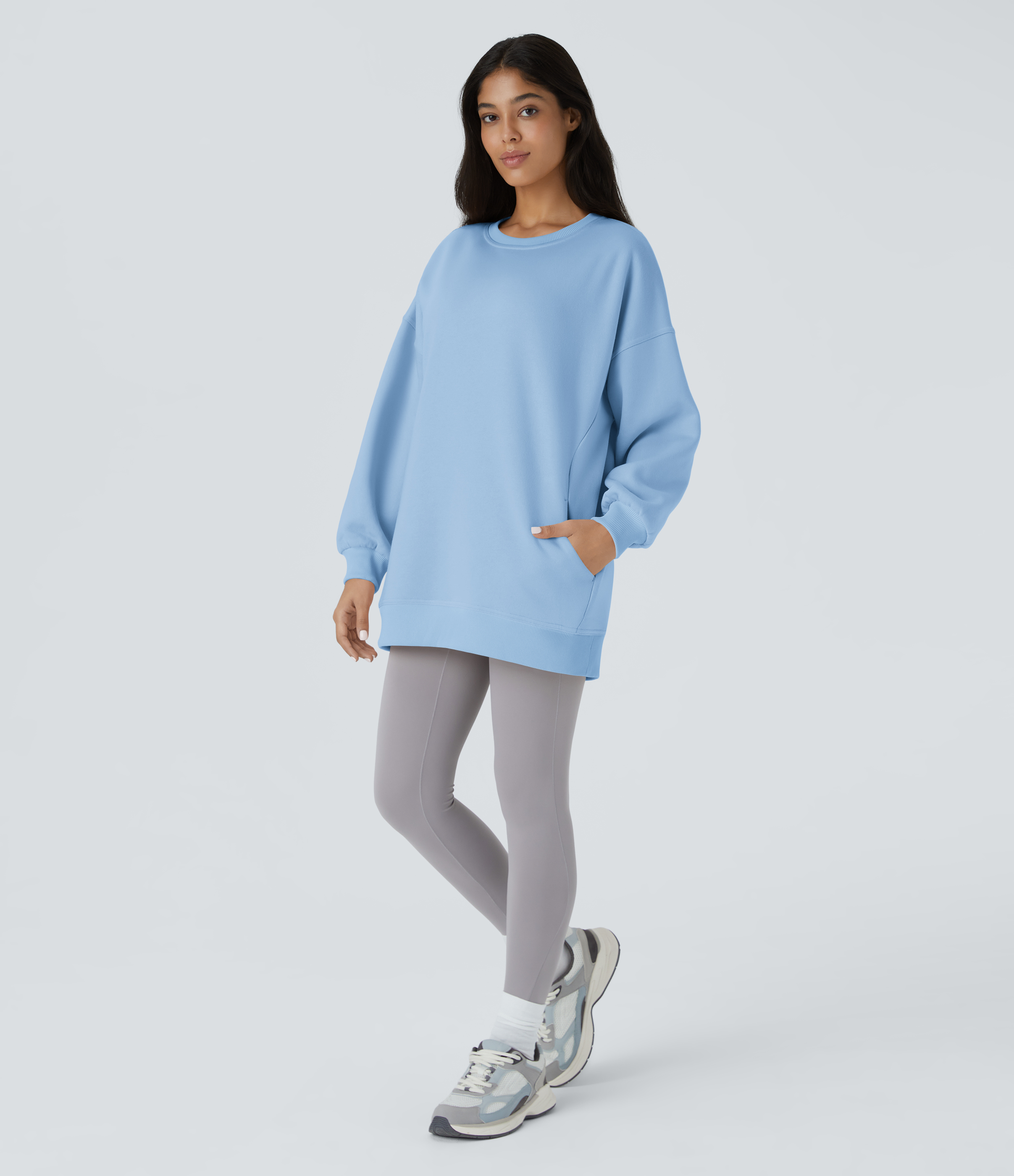 Halara Round Neck Long Sleeve Side Pocket Oversize Fleece Casual Sweatshirt  - Cool Ice Blue - M 