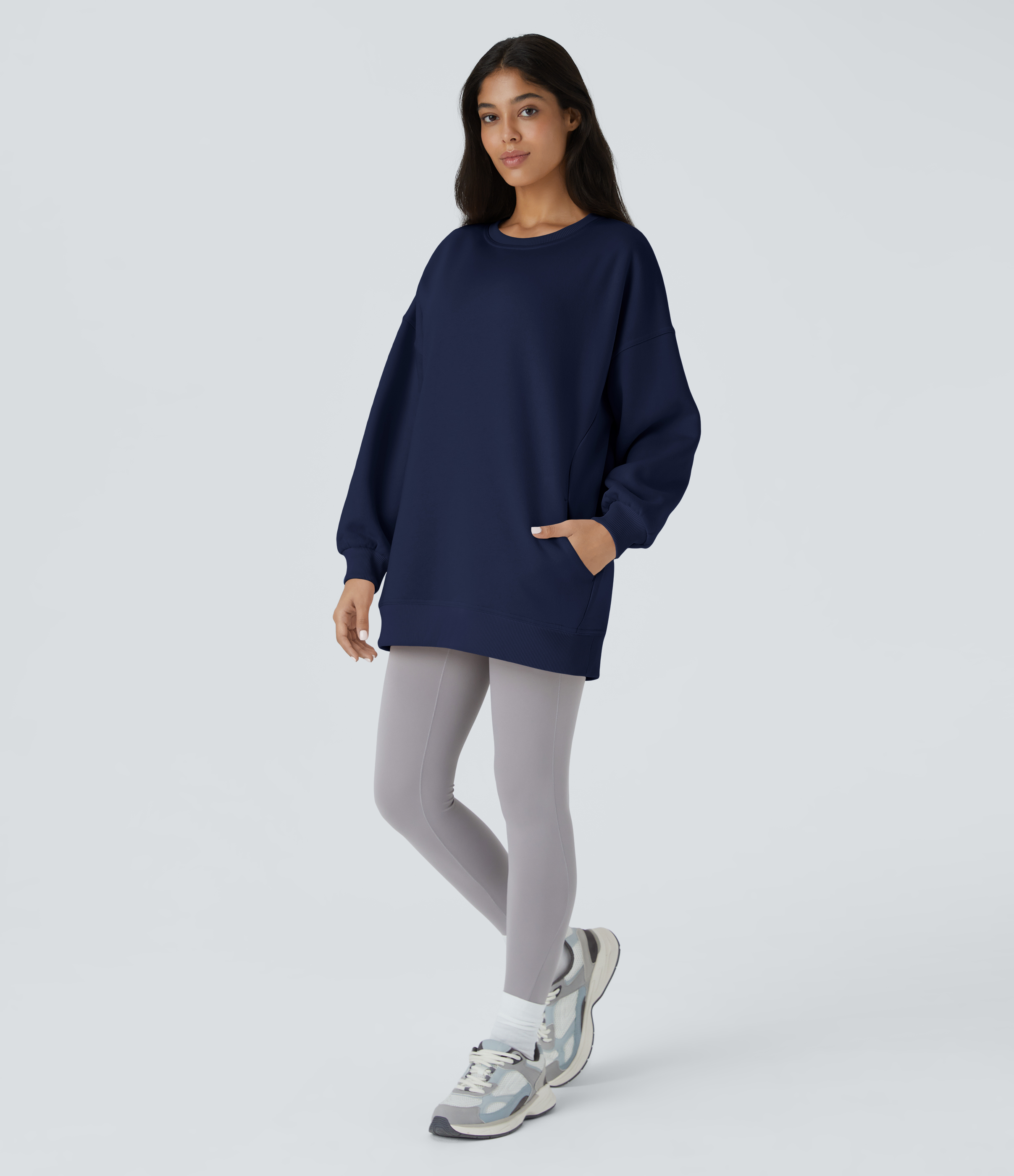 Halara Round Neck Long Sleeve Side Pocket Oversize Fleece Casual Sweatshirt  - Ocean Cavern - L 