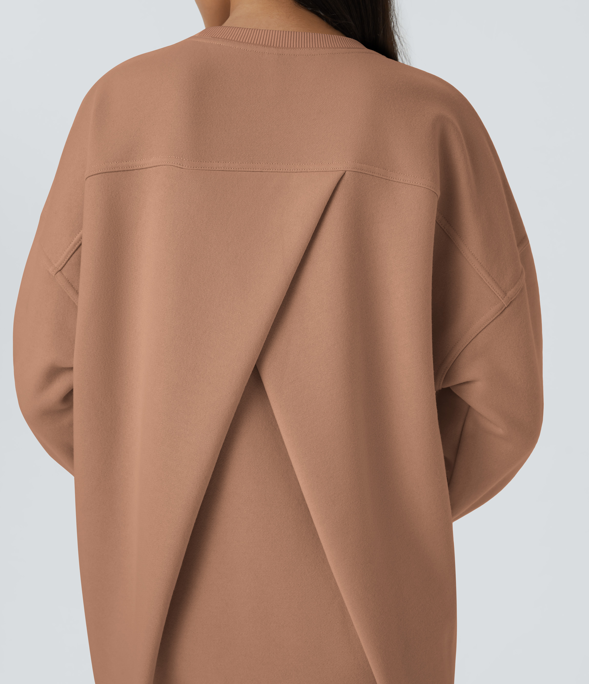 Halara Round Neck Long Sleeve Side Pocket Oversize Fleece Casual Sweatshirt  - Mocha Mousse - S 