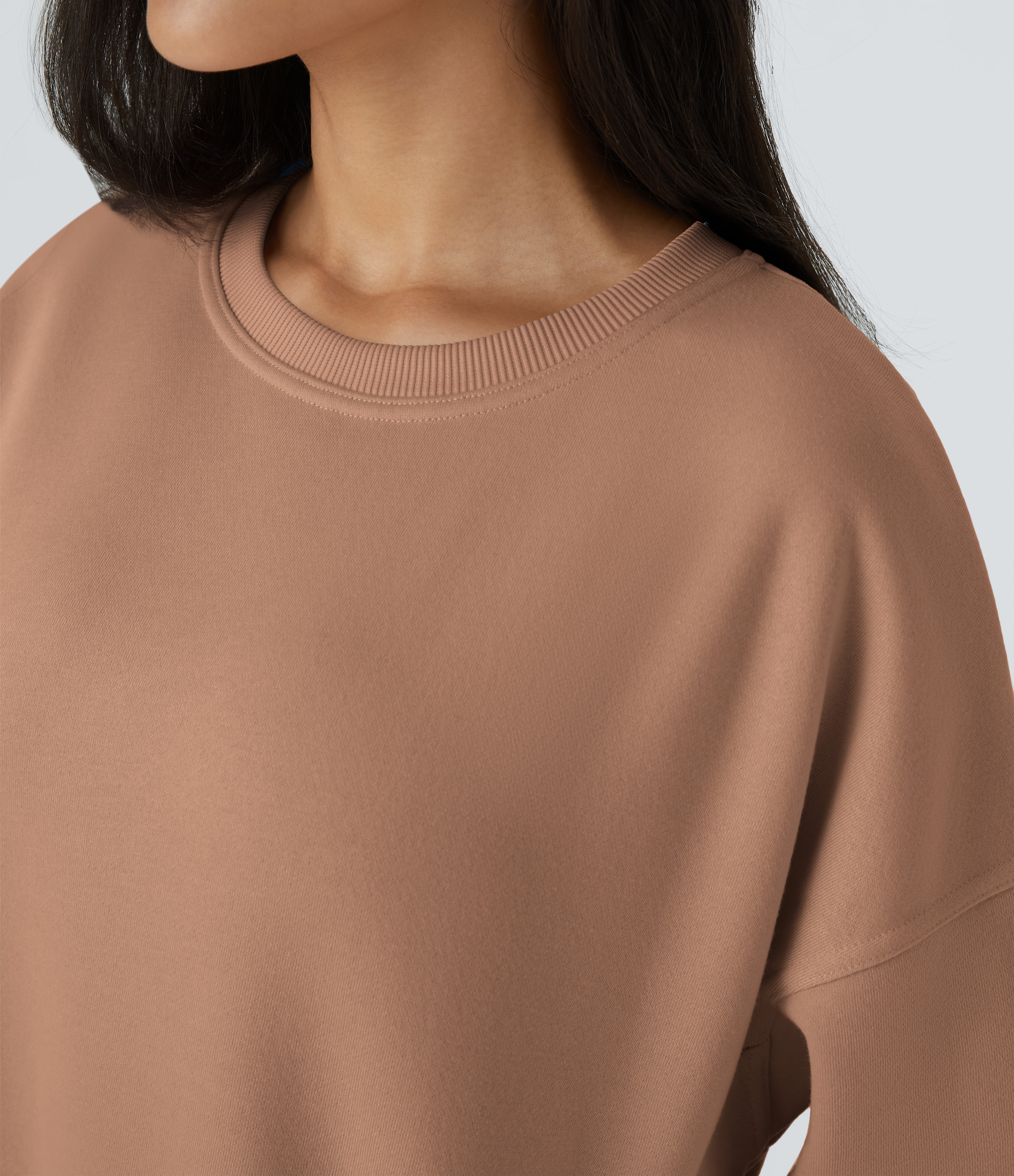 Halara Round Neck Long Sleeve Side Pocket Oversize Fleece Casual Sweatshirt  - Mocha Mousse - S 