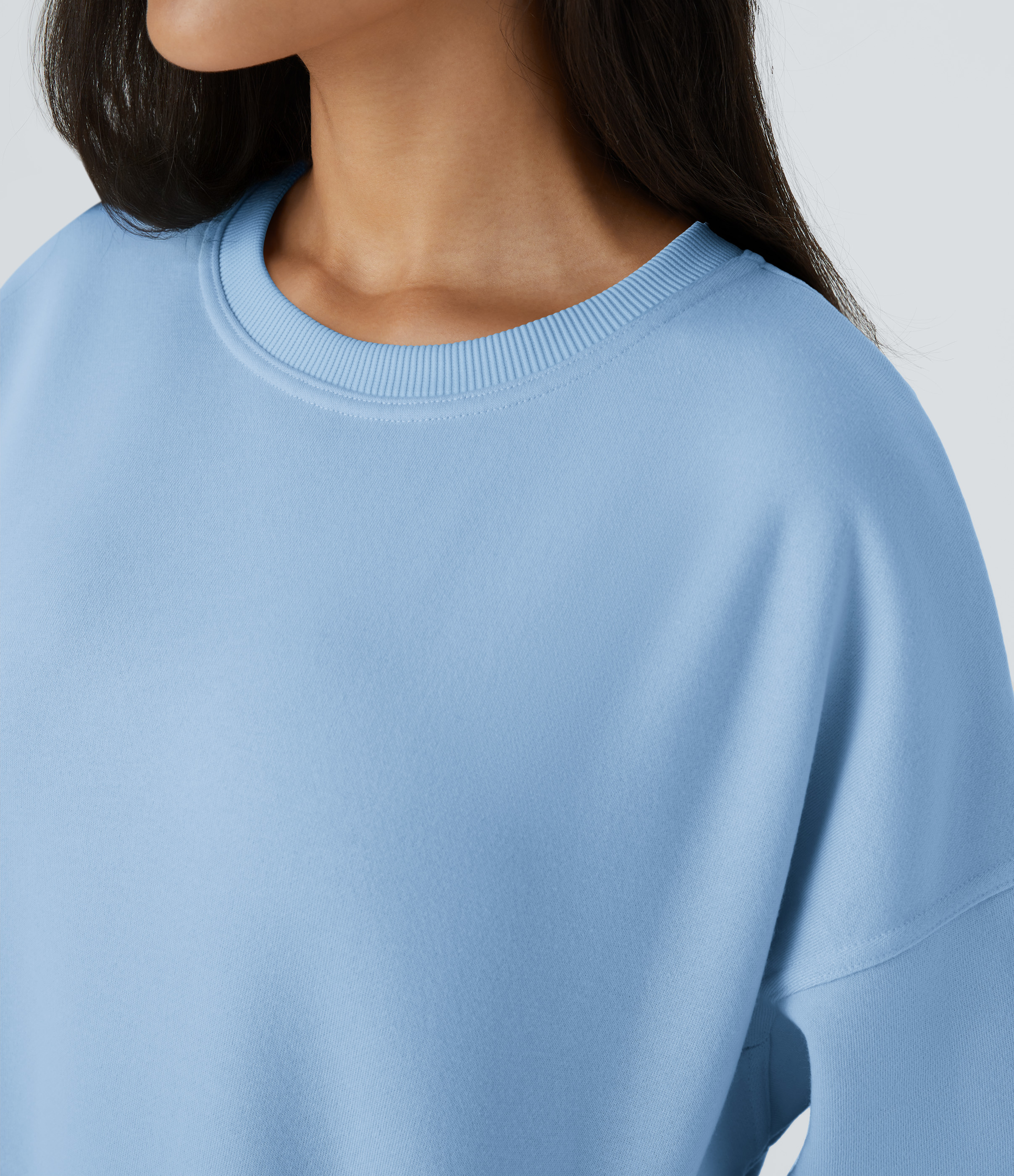 Halara Round Neck Long Sleeve Side Pocket Oversize Fleece Casual Sweatshirt  - Cool Ice Blue - M 