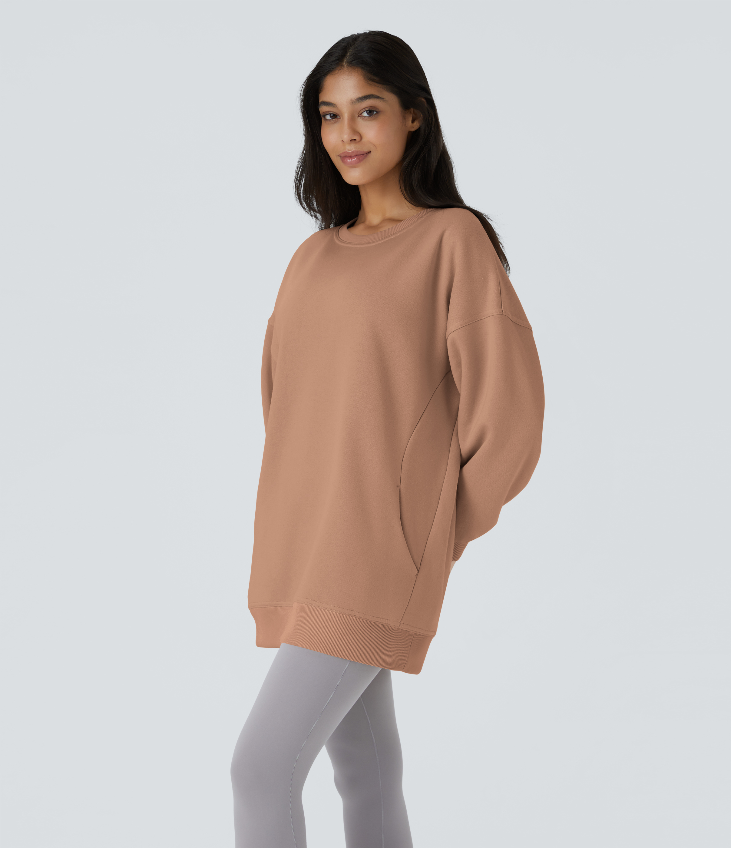 Halara Round Neck Long Sleeve Side Pocket Oversize Fleece Casual Sweatshirt  - Mocha Mousse - S 