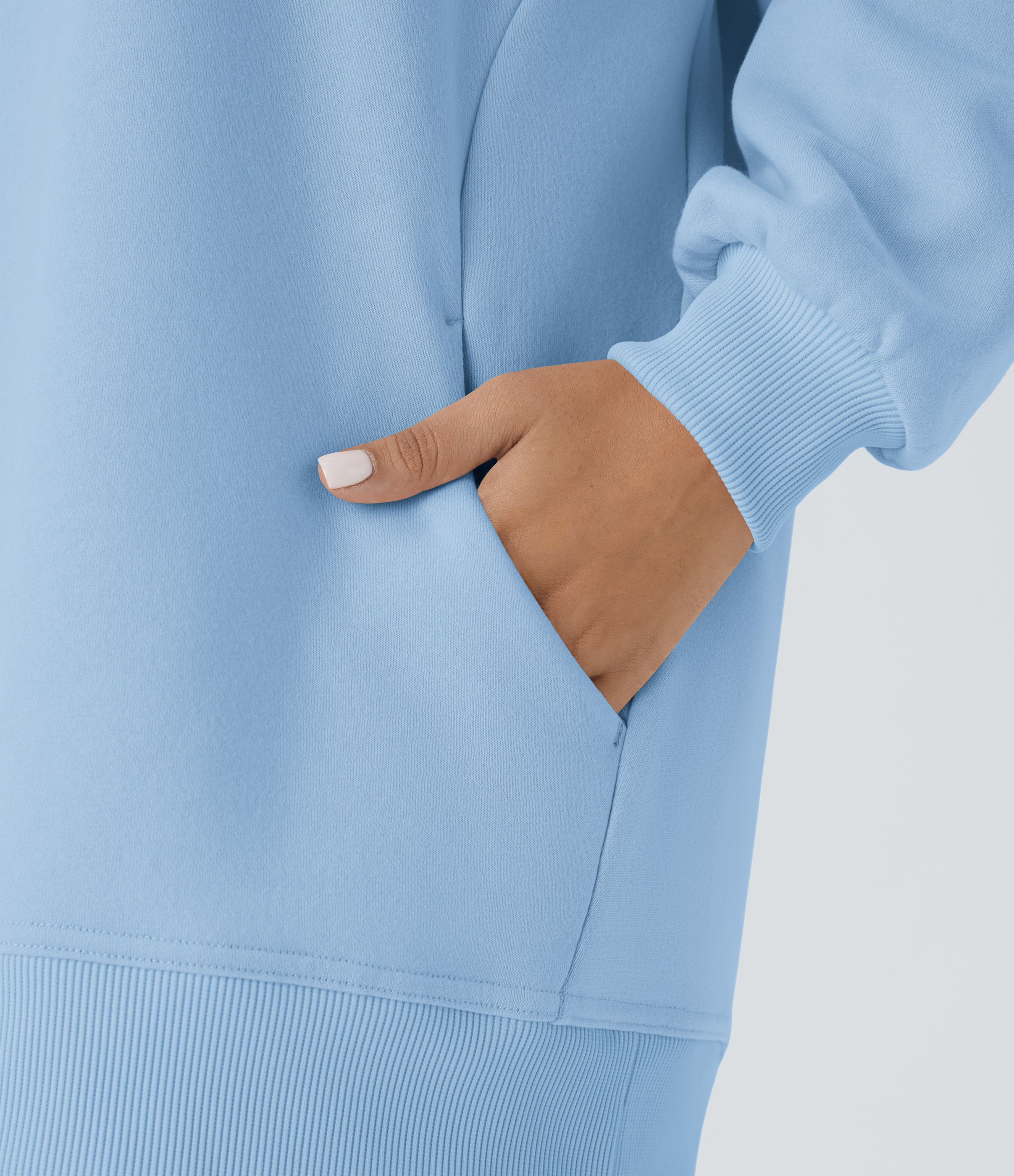 Halara Round Neck Long Sleeve Side Pocket Oversize Fleece Casual Sweatshirt  - Cool Ice Blue - M 