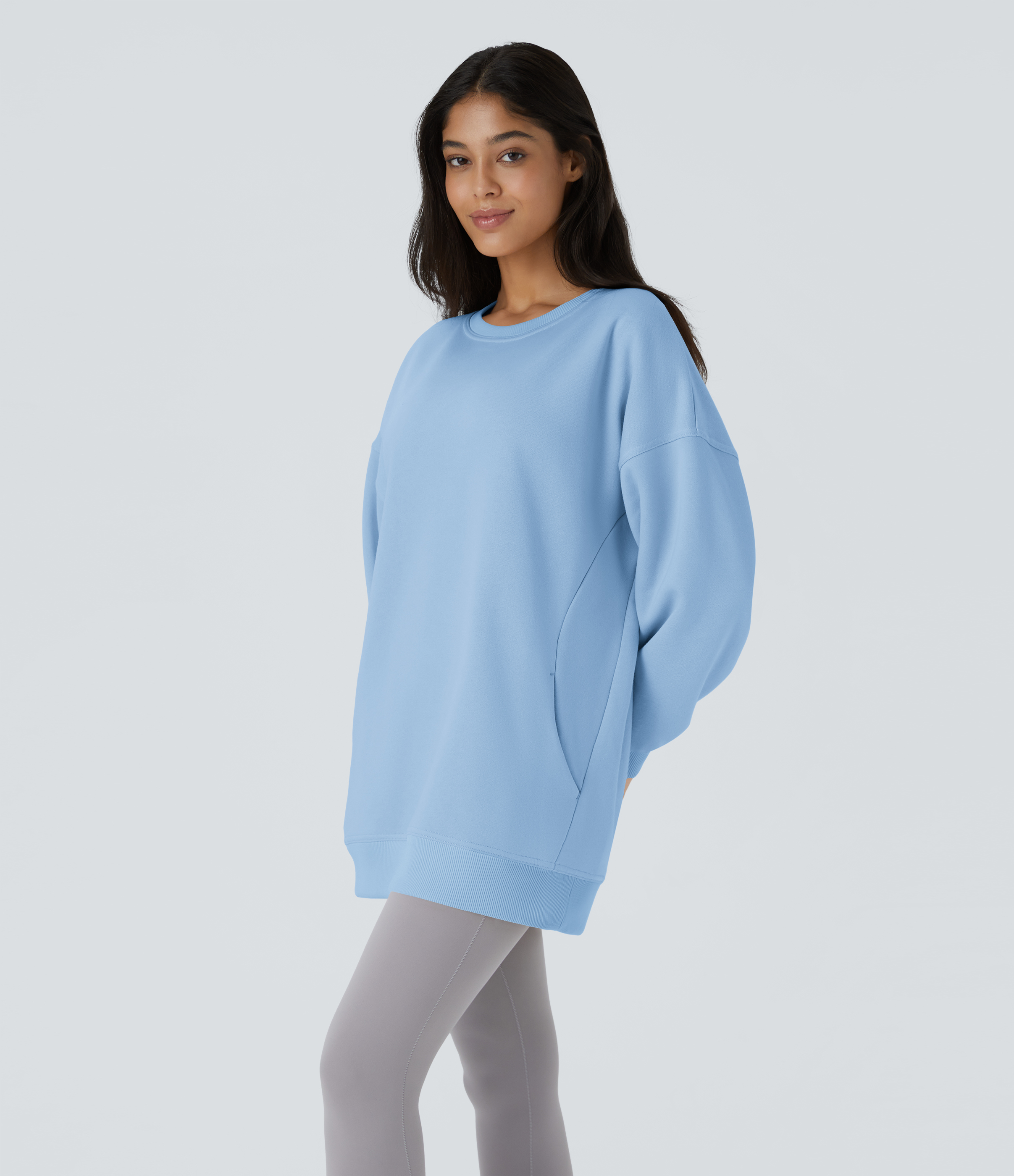 Halara Round Neck Long Sleeve Side Pocket Oversize Fleece Casual Sweatshirt  - Cool Ice Blue - M 