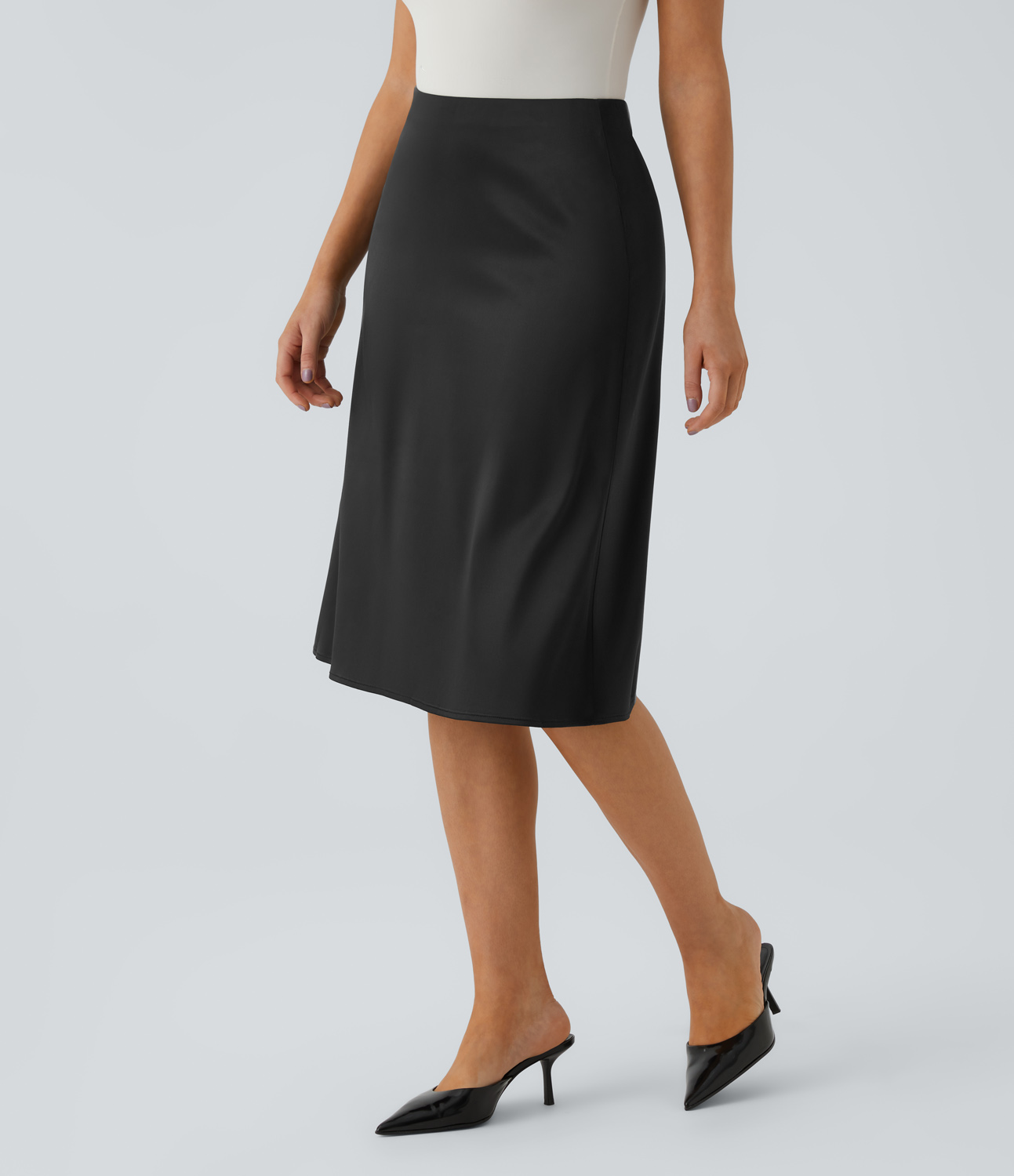 

Halara High Waisted Invisible Zipper Satin-Like Midi Work Skirt - Black