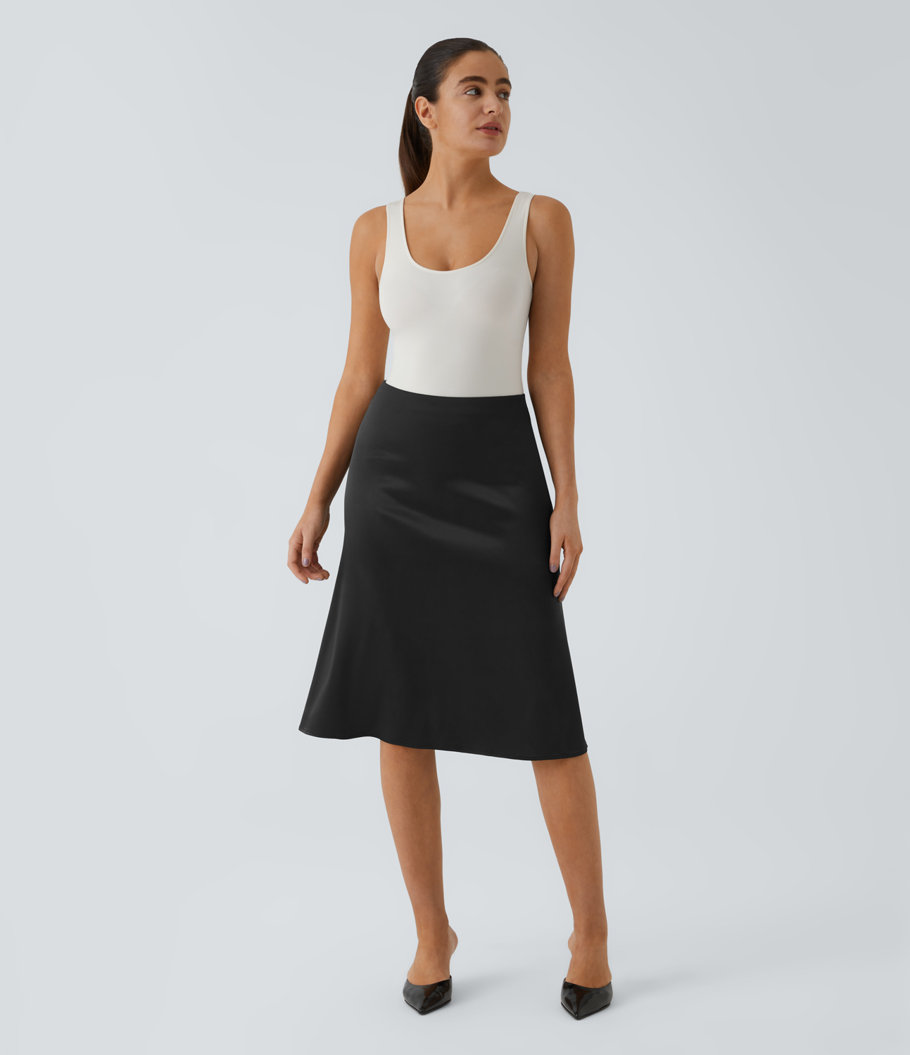 Halara High Waisted Invisible Zipper Satin Midi Work Skirt  - Black - S(regular) 