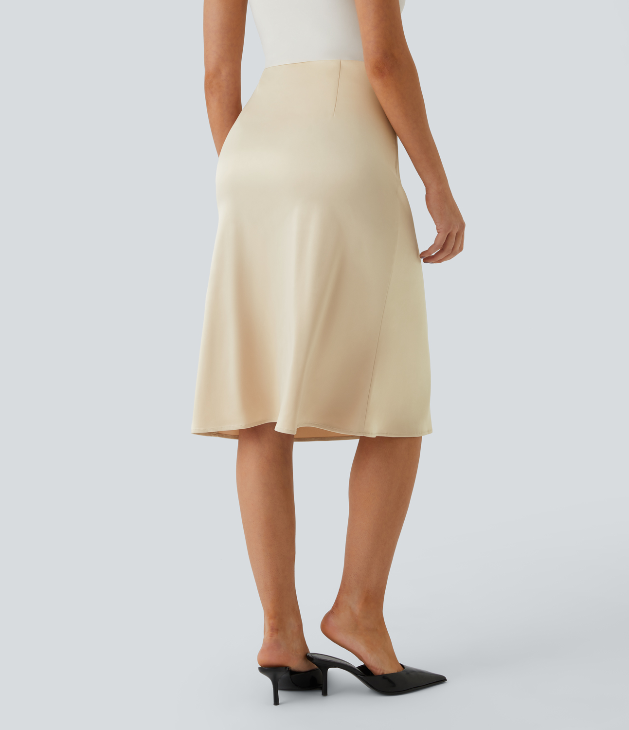 

Halara High Waisted Invisible Zipper Satin-Like Midi Work Skirt - Angora