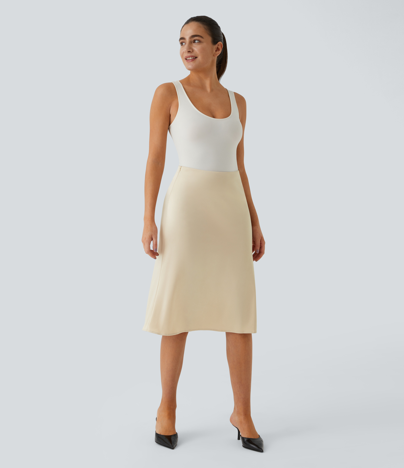 Halara High Waisted Invisible Zipper Satin Midi Work Skirt  - Angora - XS(regular) 