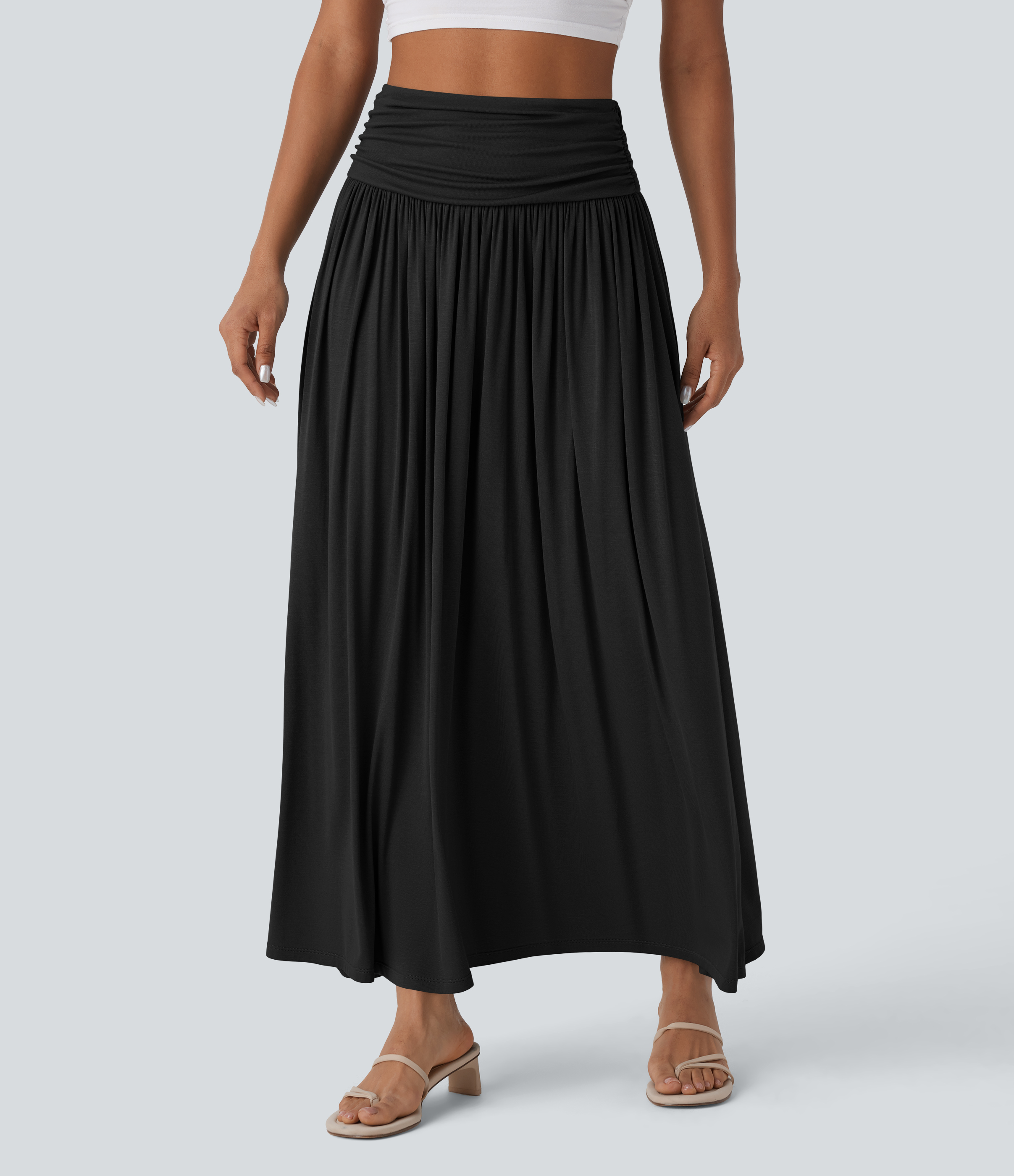 Halara High Waisted Ruched Flowy Maxi Casual Skirt  - Black - M(regular) 
