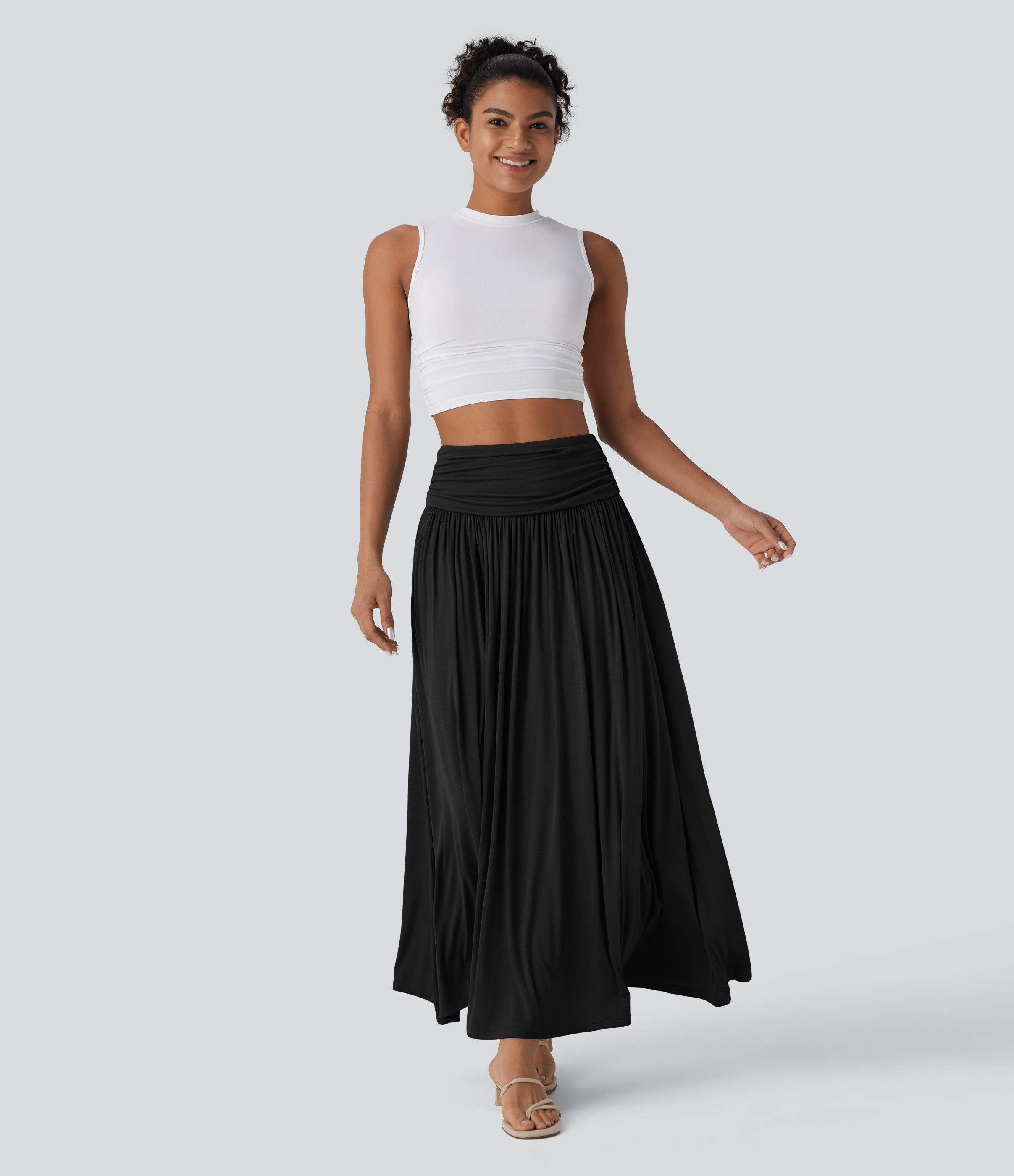 Halara High Waisted Ruched Flowy Maxi Casual Skirt  - Black - M(regular) 