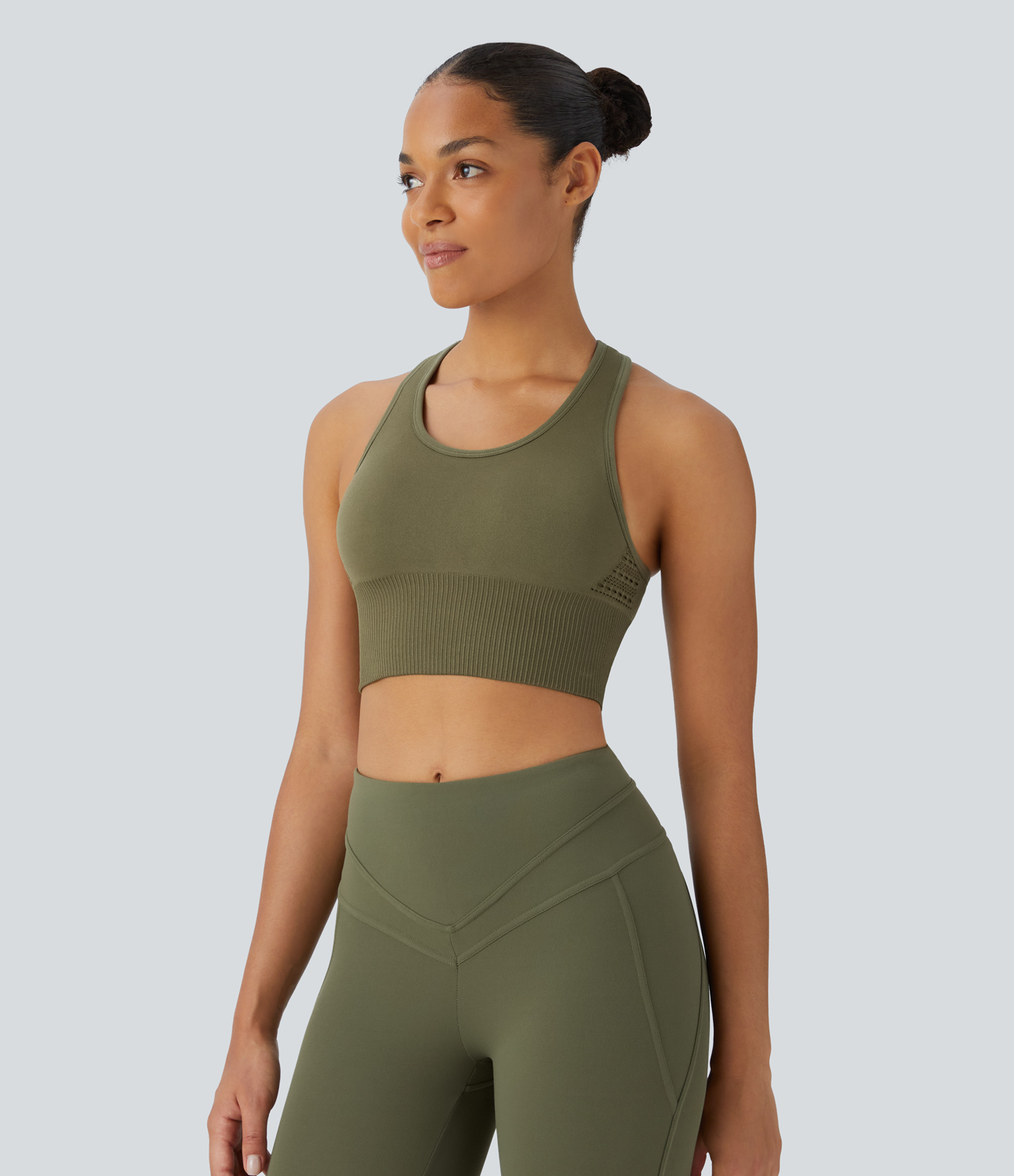 Halara Seamless Flow Medium Support Racerback T Back Workout Sports Bra  - Deep Sage - L push up bra strapless bra backless bra sticky bra 