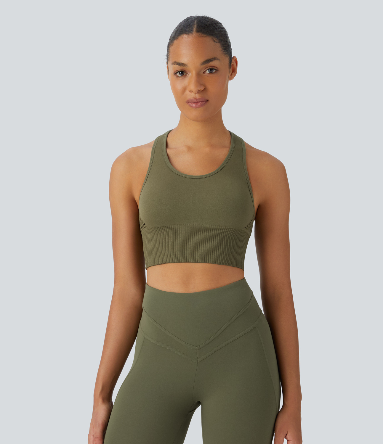 Halara Seamless Flow Medium Support Racerback T Back Workout Sports Bra  - Deep Sage - L push up bra strapless bra backless bra sticky bra 