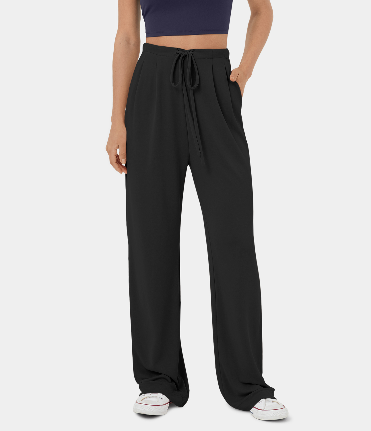 

Halara High Waisted Drawstring Side Pocket Draped Wide Leg Casual Pants - Black -  sweatpants jogger pants stacked sweatpants