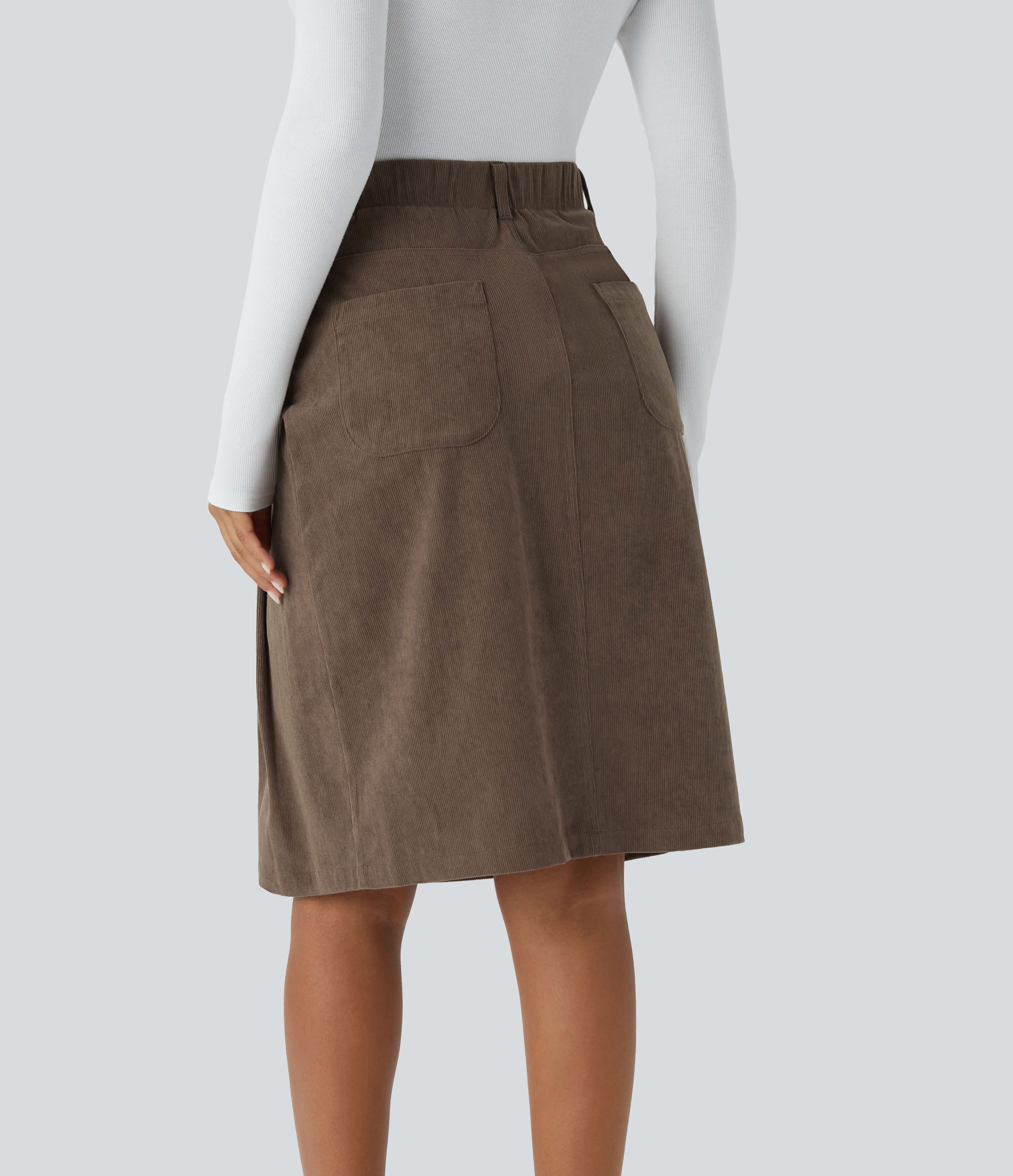Halara High Waisted Plicated Multiple Pockets Button Front Midi Casual Corduroy Skirt  - Camellia Brown - S(regular) 