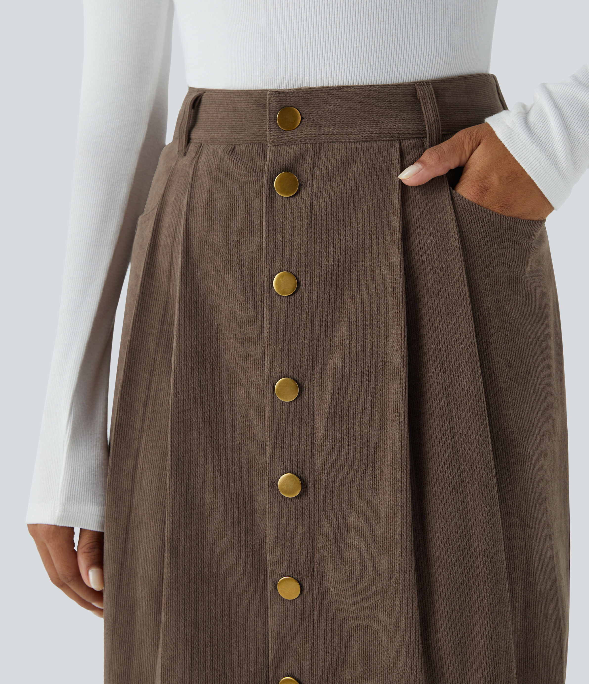 Halara High Waisted Plicated Multiple Pockets Button Front Midi Casual Corduroy Skirt  - Camellia Brown - S(regular) 