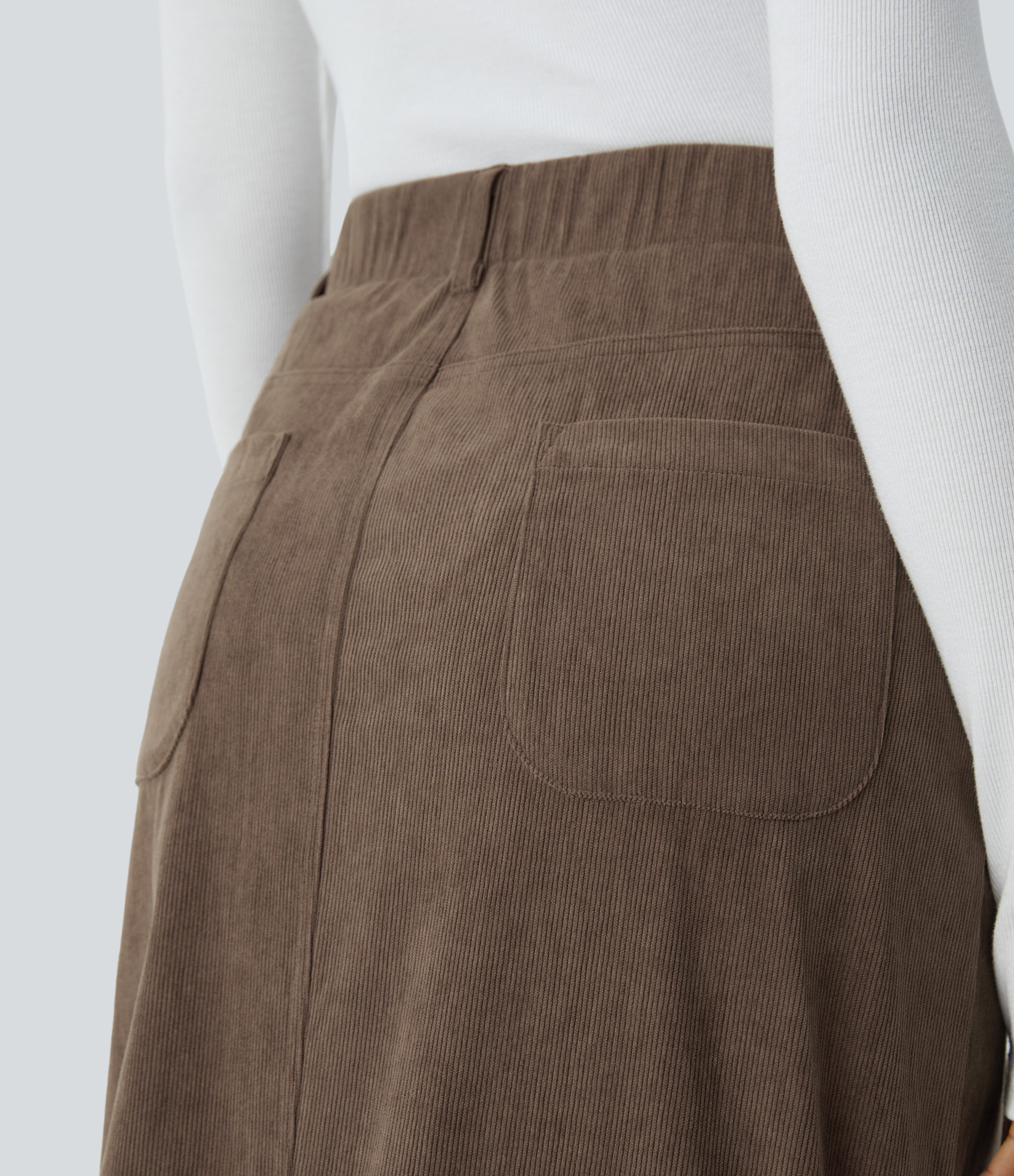 Halara High Waisted Plicated Multiple Pockets Button Front Midi Casual Corduroy Skirt  - Camellia Brown - S(regular) 