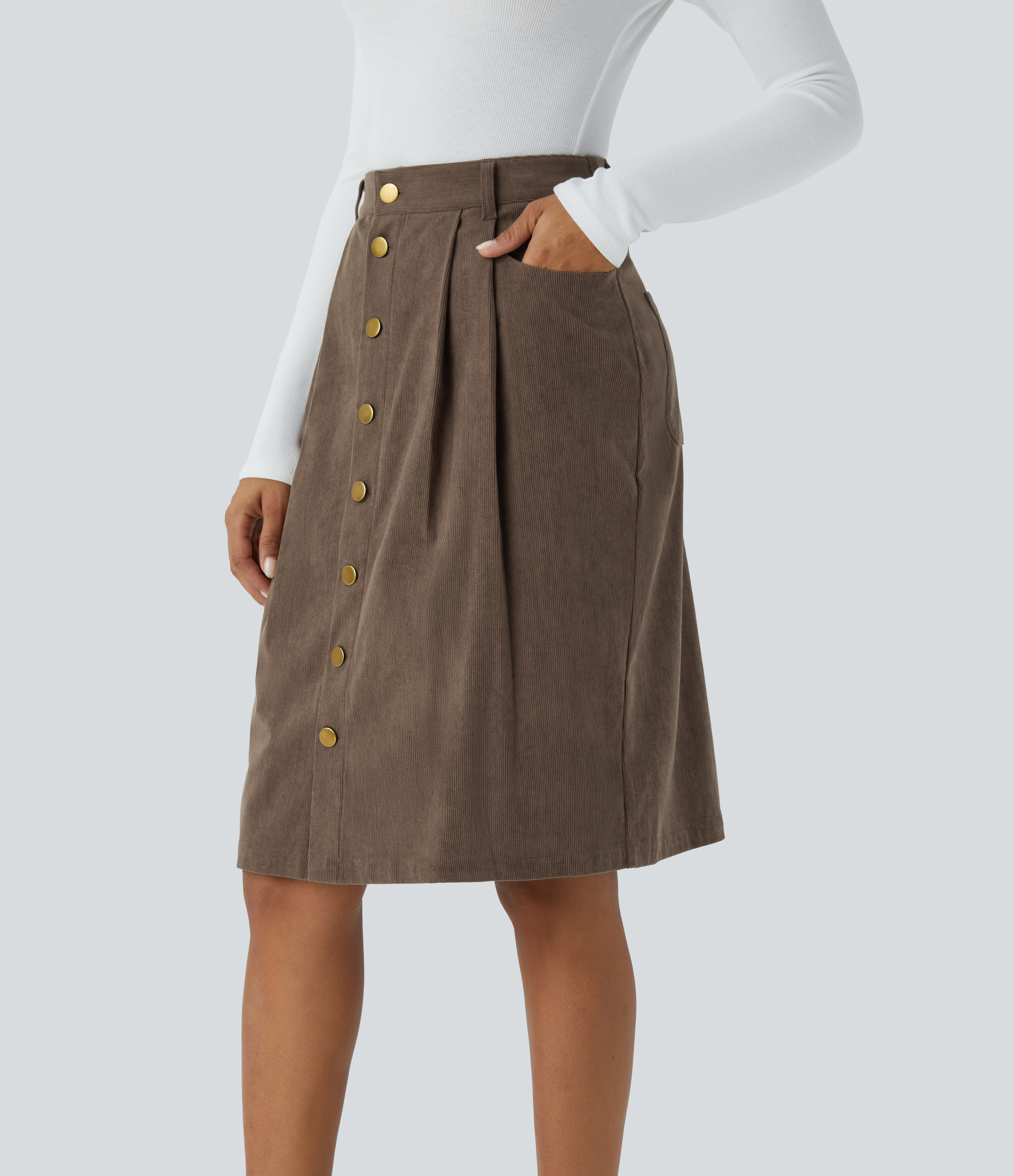 Halara High Waisted Plicated Multiple Pockets Button Front Midi Casual Corduroy Skirt  - Camellia Brown - S(regular) 