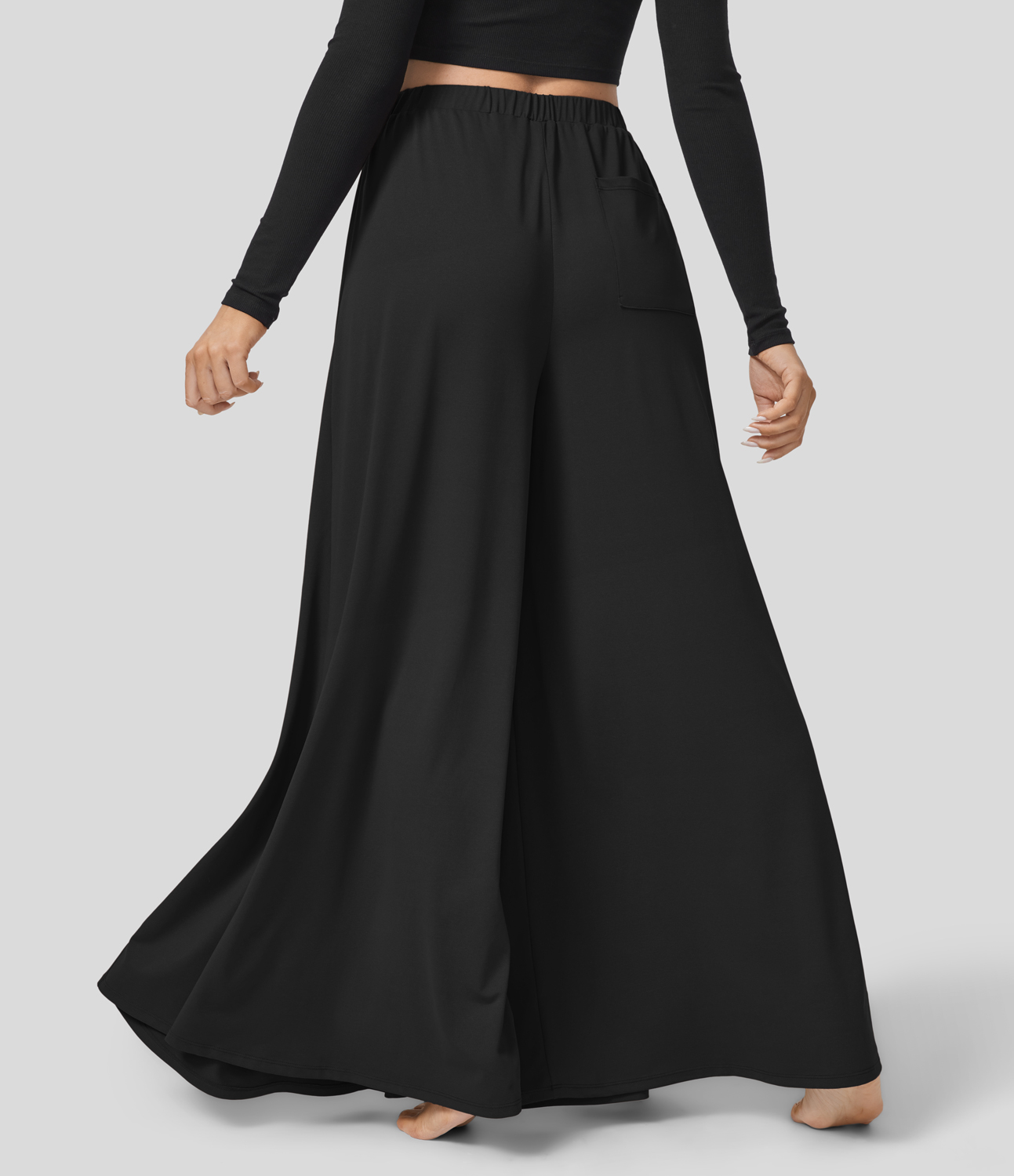 Halara High Waisted Tie Front Side Pocket Flowy Wide Leg Casual Pants  - Black - S(regular) 