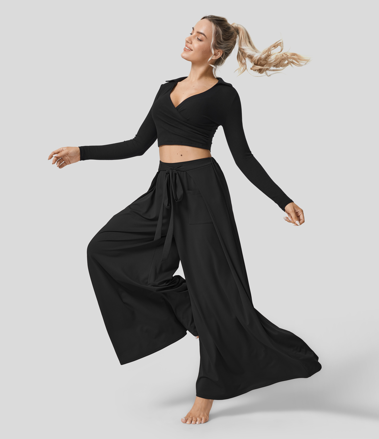 Halara High Waisted Tie Front Side Pocket Flowy Wide Leg Casual Pants  - Black - S(regular) 