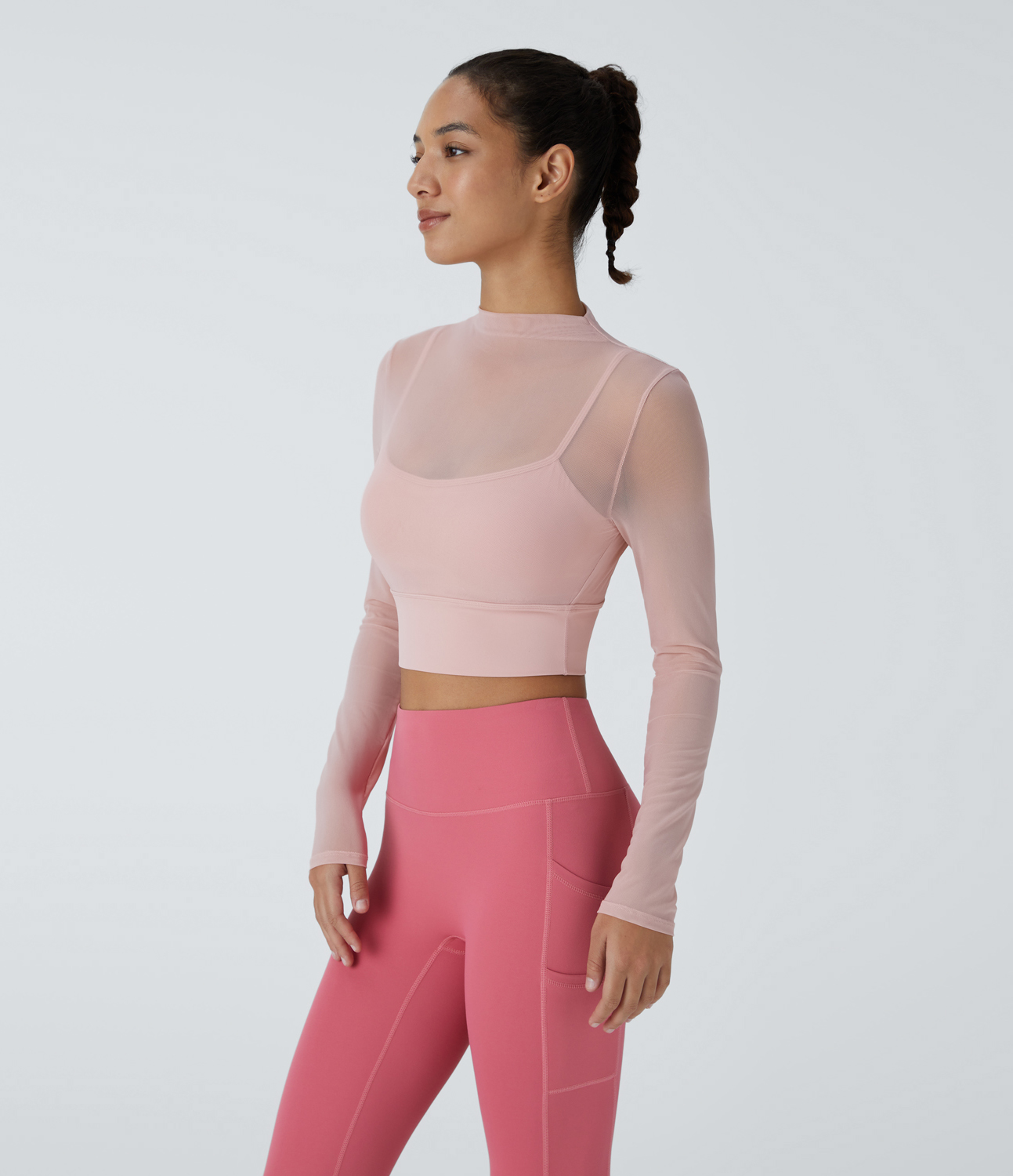 Halara Contrast Mesh Long Sleeve 2-in-1 Cropped Workout Sports Top  - Sheer Rosebud - S 