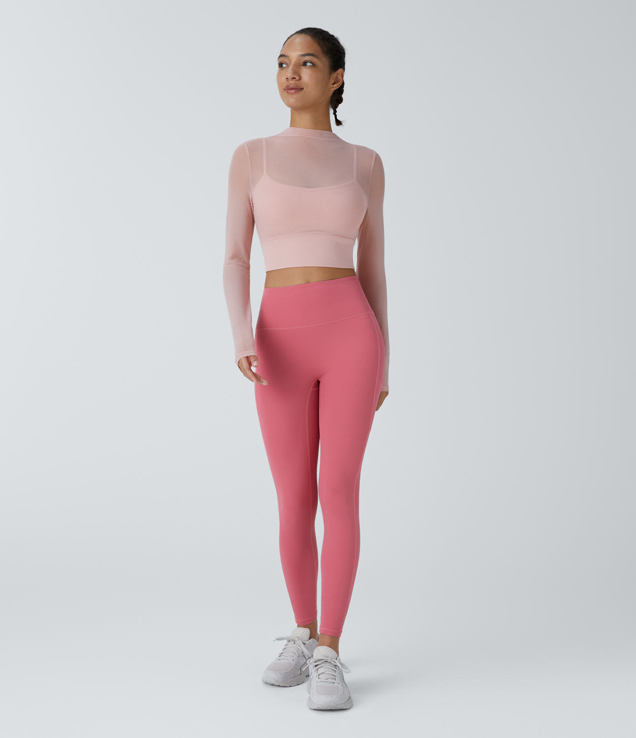 Halara Contrast Mesh Long Sleeve 2-in-1 Cropped Workout Sports Top  - Sheer Rosebud - S 