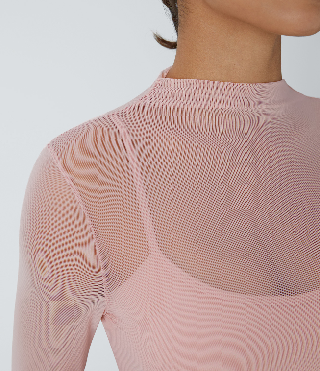 Halara Contrast Mesh Long Sleeve 2-in-1 Cropped Workout Sports Top  - Sheer Rosebud - S 