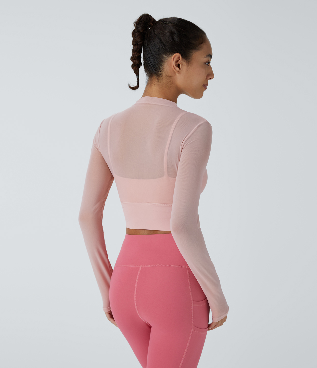 Halara Contrast Mesh Long Sleeve 2-in-1 Cropped Workout Sports Top  - Sheer Rosebud - S 