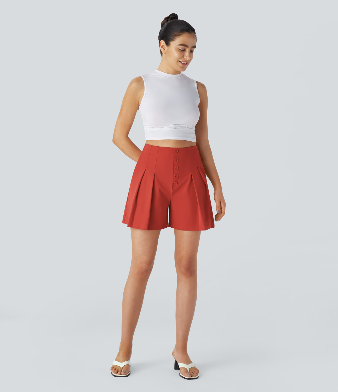 Halara High Waisted Decorative Button Side Pocket Pleated Casual Shorts  - Valiant Poppy - L 