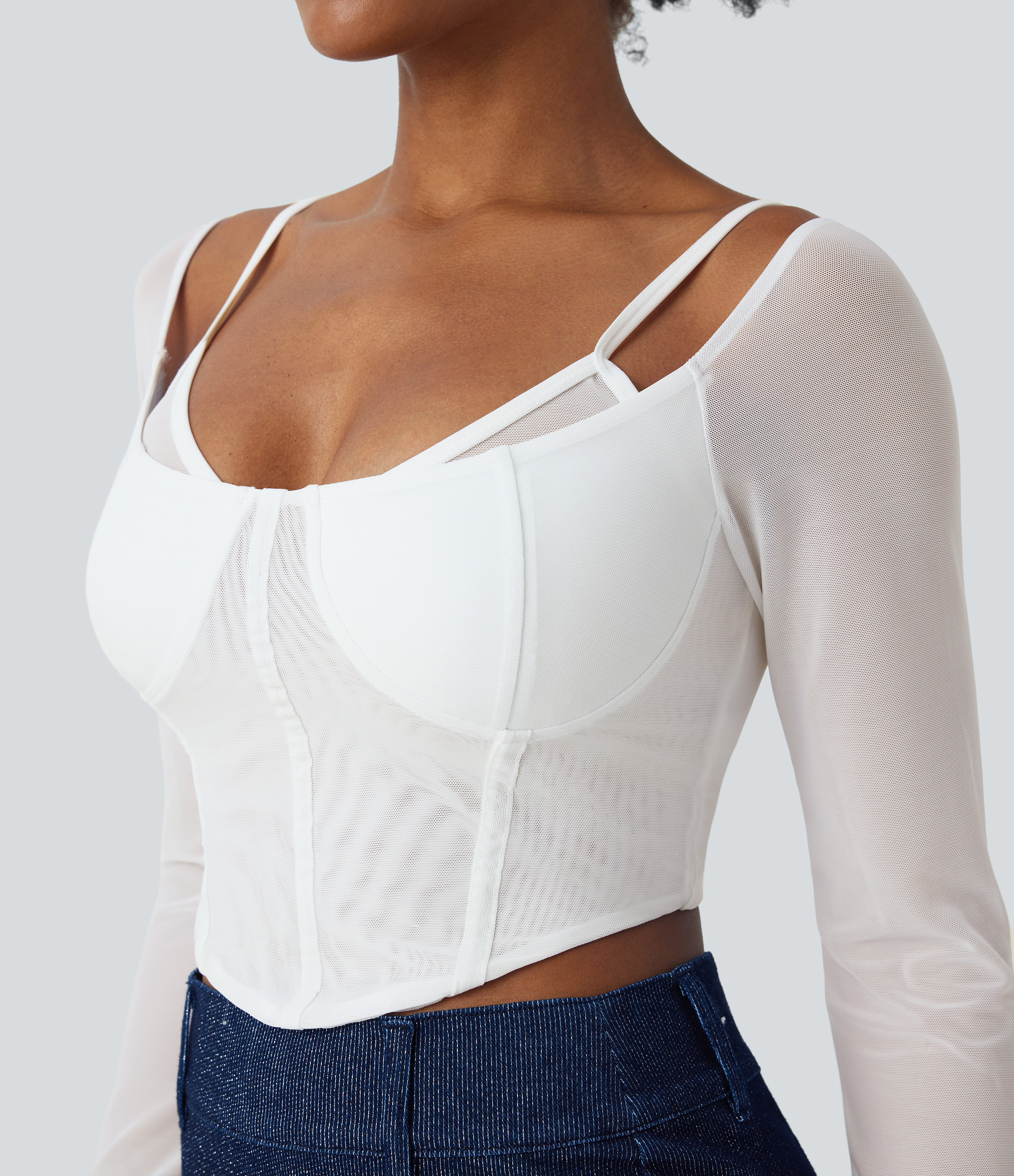 Halara Sheer Adjustable Strap Backless Long Sleeve Mesh Corset Cropped Casual Top Tank Top - Snow White - M golf tops halter top tunic tops 