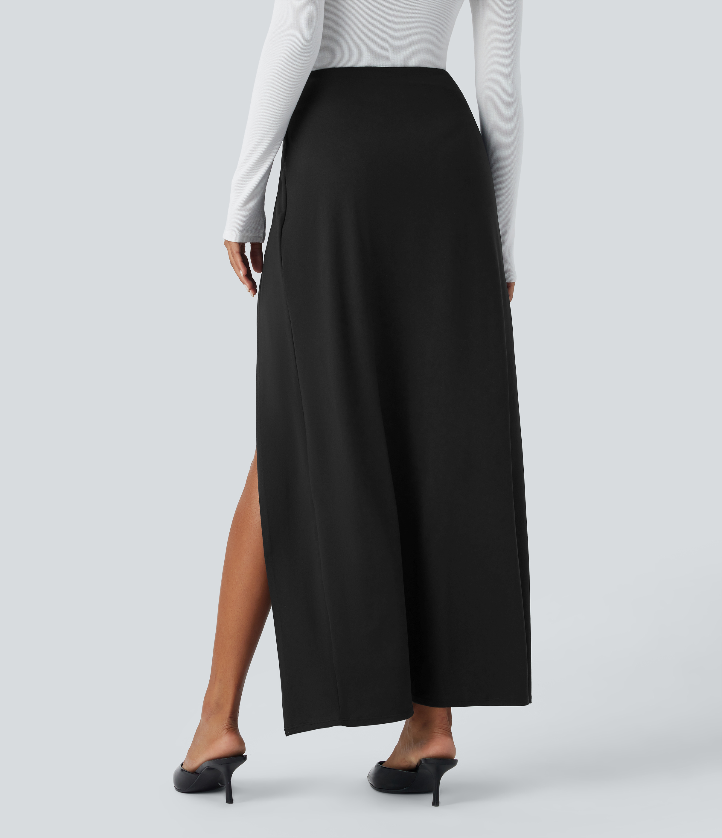 Halara High Waisted Crossover Split 2-in-1 Adjustable Garter With Metal Clips Work Skirt  - Black - L(regular) midi skirt a line skirt 