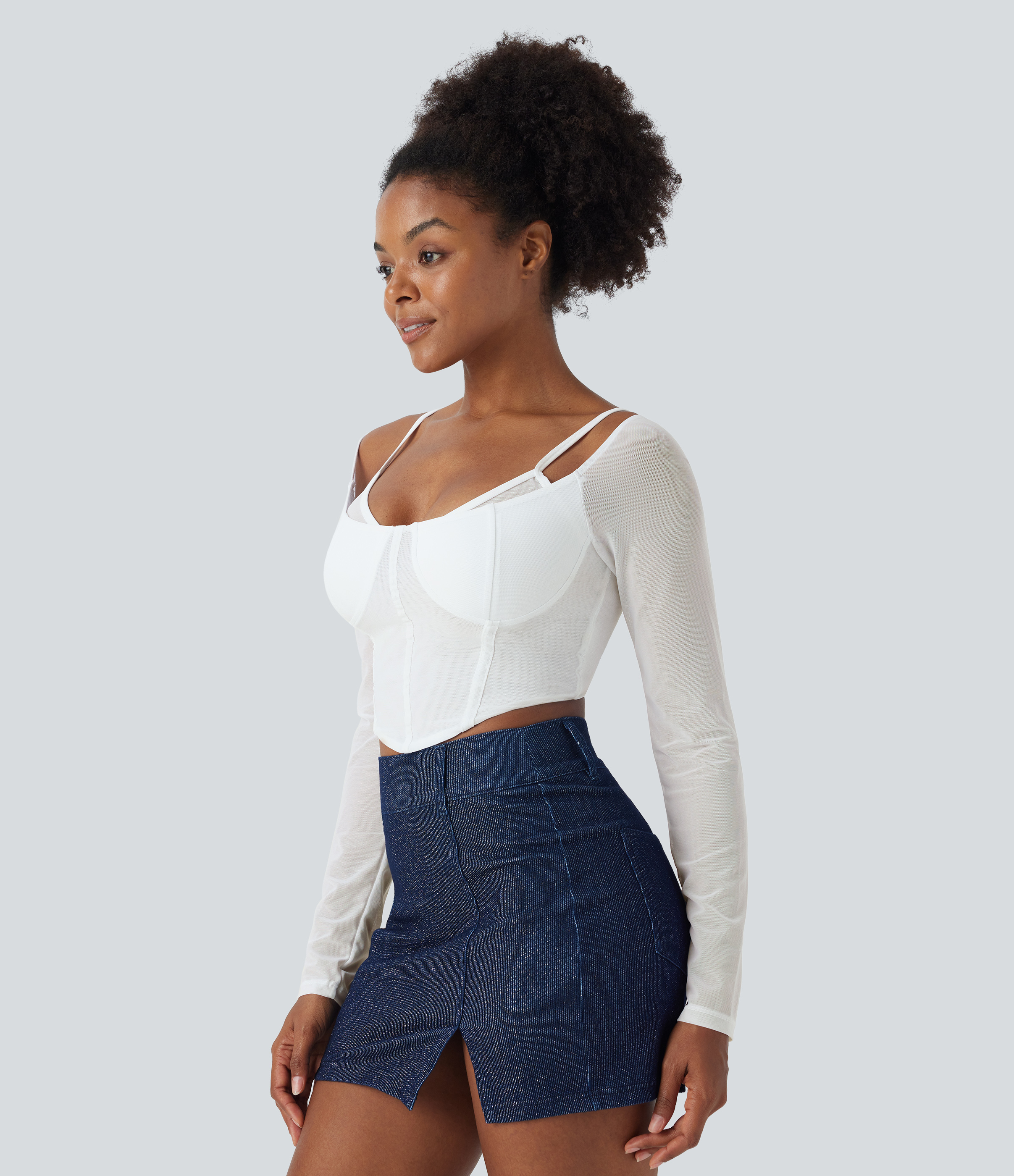 Halara Sheer Adjustable Strap Backless Long Sleeve Mesh Corset Cropped Casual Top Tank Top - Snow White - M golf tops halter top tunic tops 