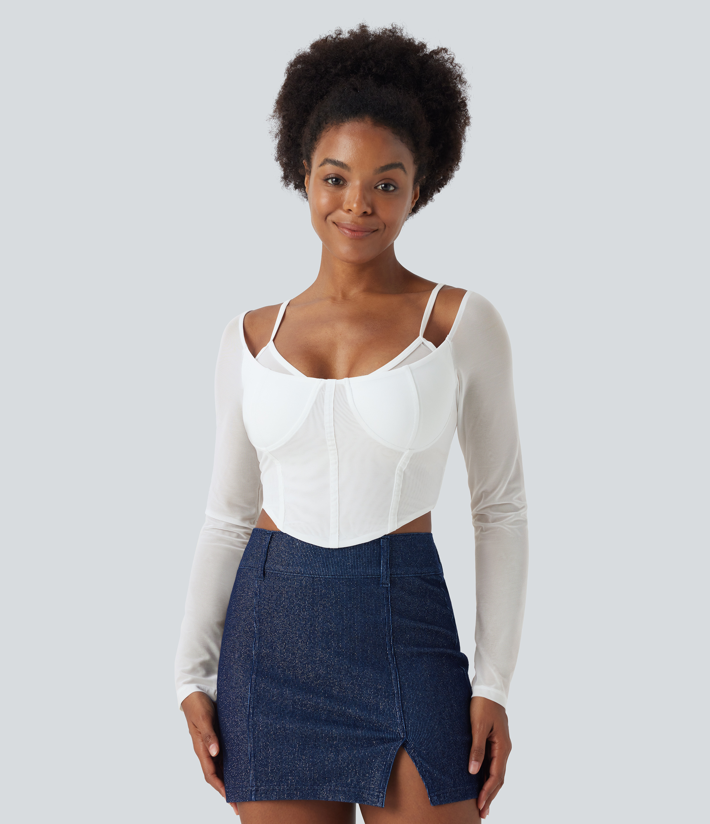 Halara Sheer Adjustable Strap Backless Long Sleeve Mesh Corset Cropped Casual Top Tank Top - Snow White - M golf tops halter top tunic tops 