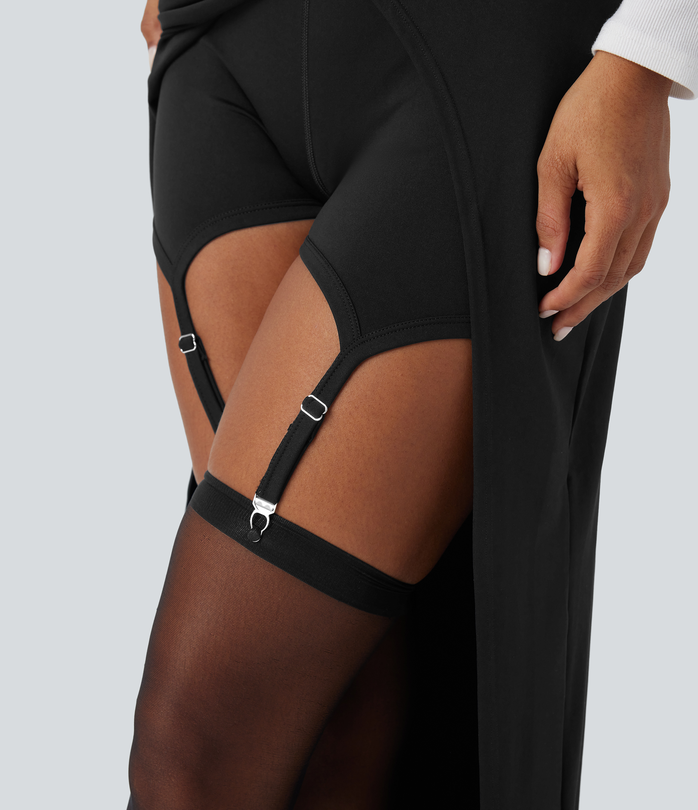 Halara High Waisted Crossover Split 2-in-1 Adjustable Garter With Metal Clips Work Skirt  - Black - L(regular) midi skirt a line skirt 
