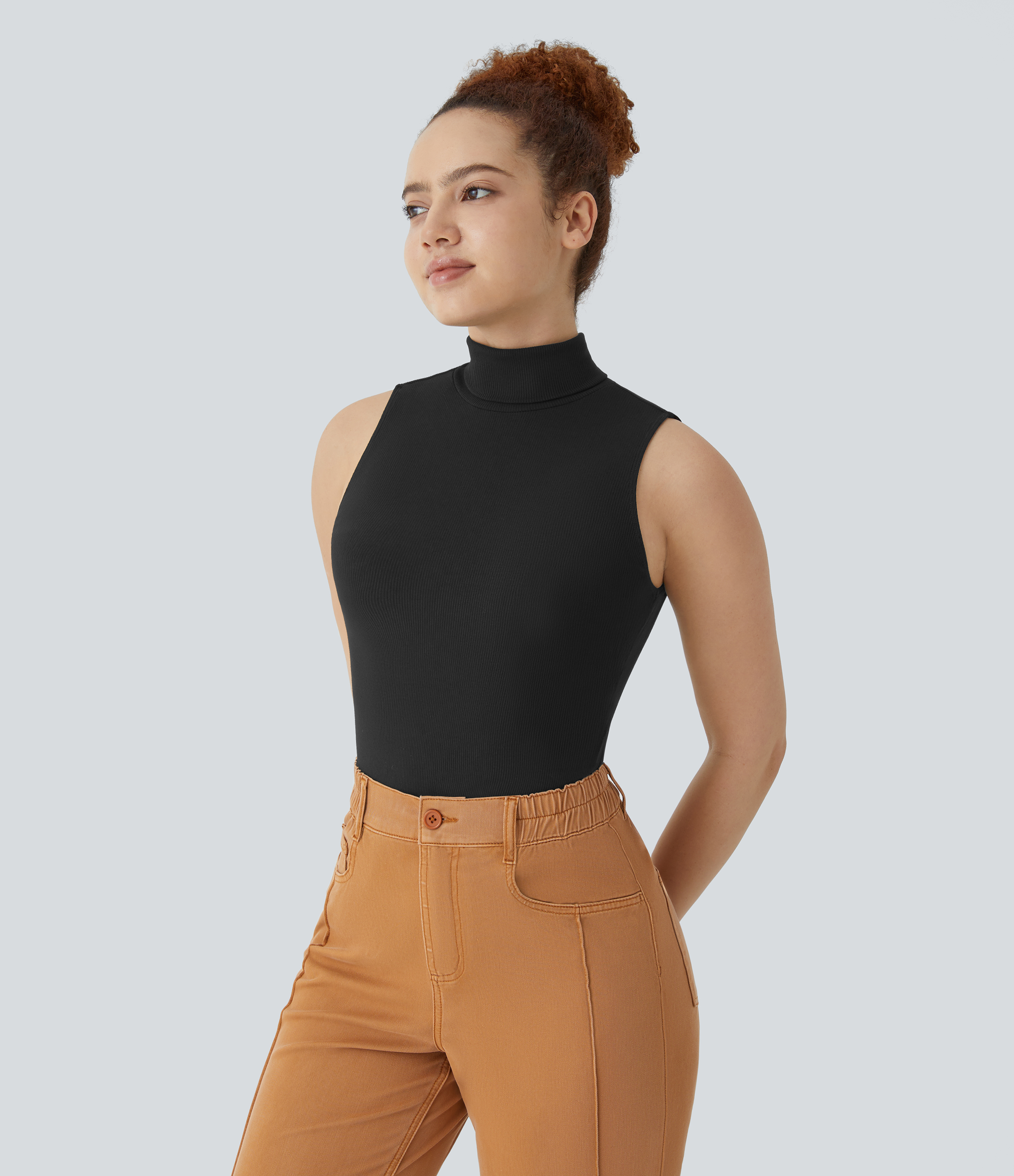 Halara Ribbed Knit High Collar Sleeveless Casual T-Shirt  - Black - XS 