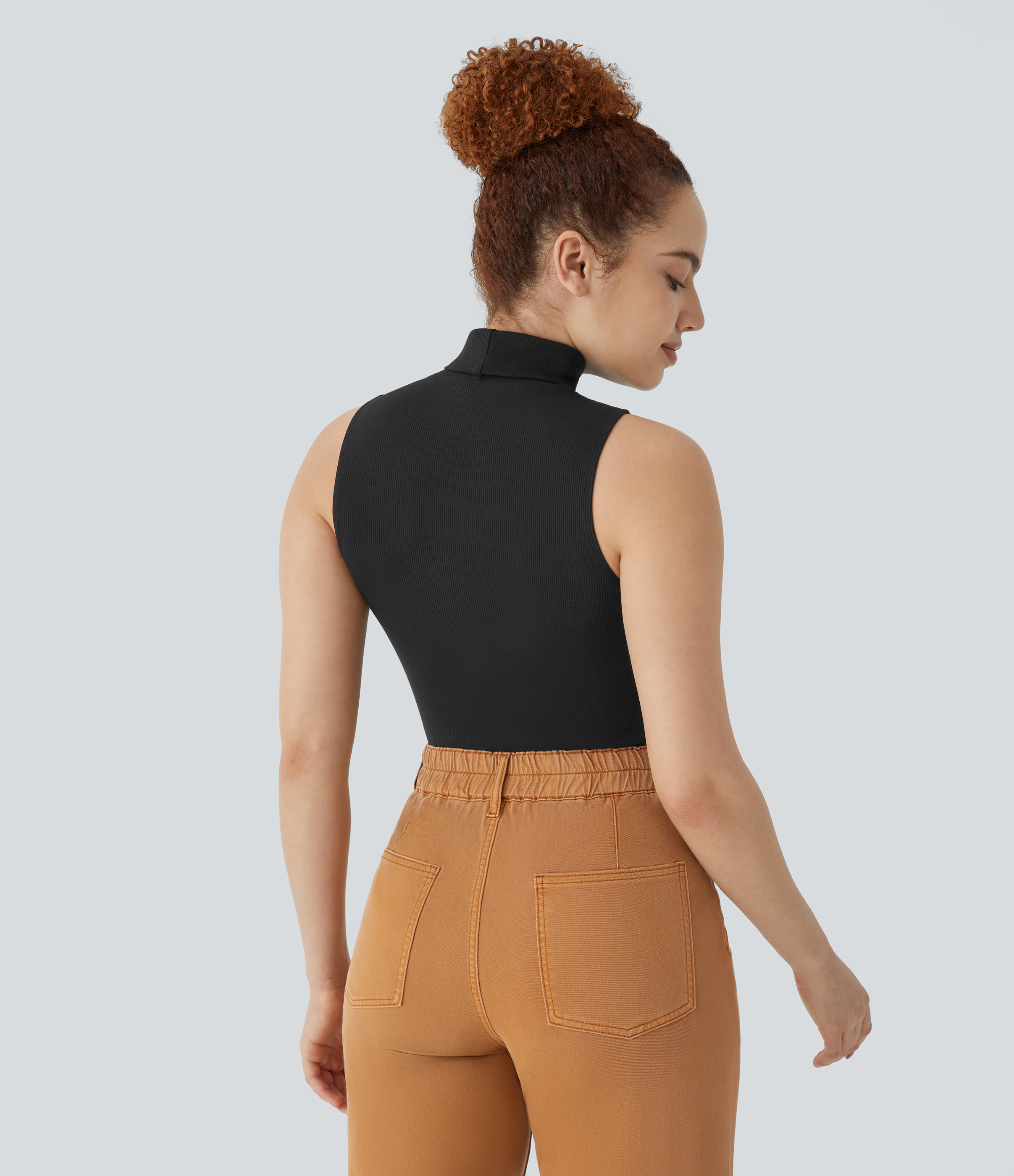 Halara Ribbed Knit High Collar Sleeveless Casual T-Shirt  - Black - XS 