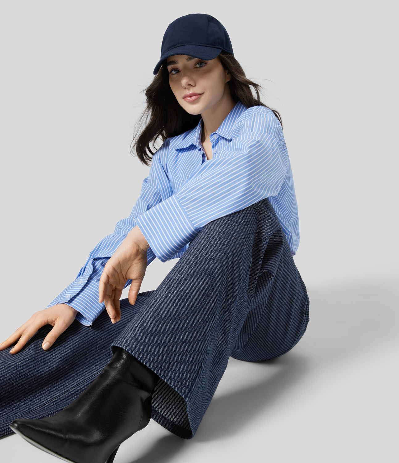 

Halara HalaraMagicв„ў High Waisted Multiple Pockets Striped Washed Stretchy Knit Casual Wide Leg Jeans - Indigo Stripe Denim