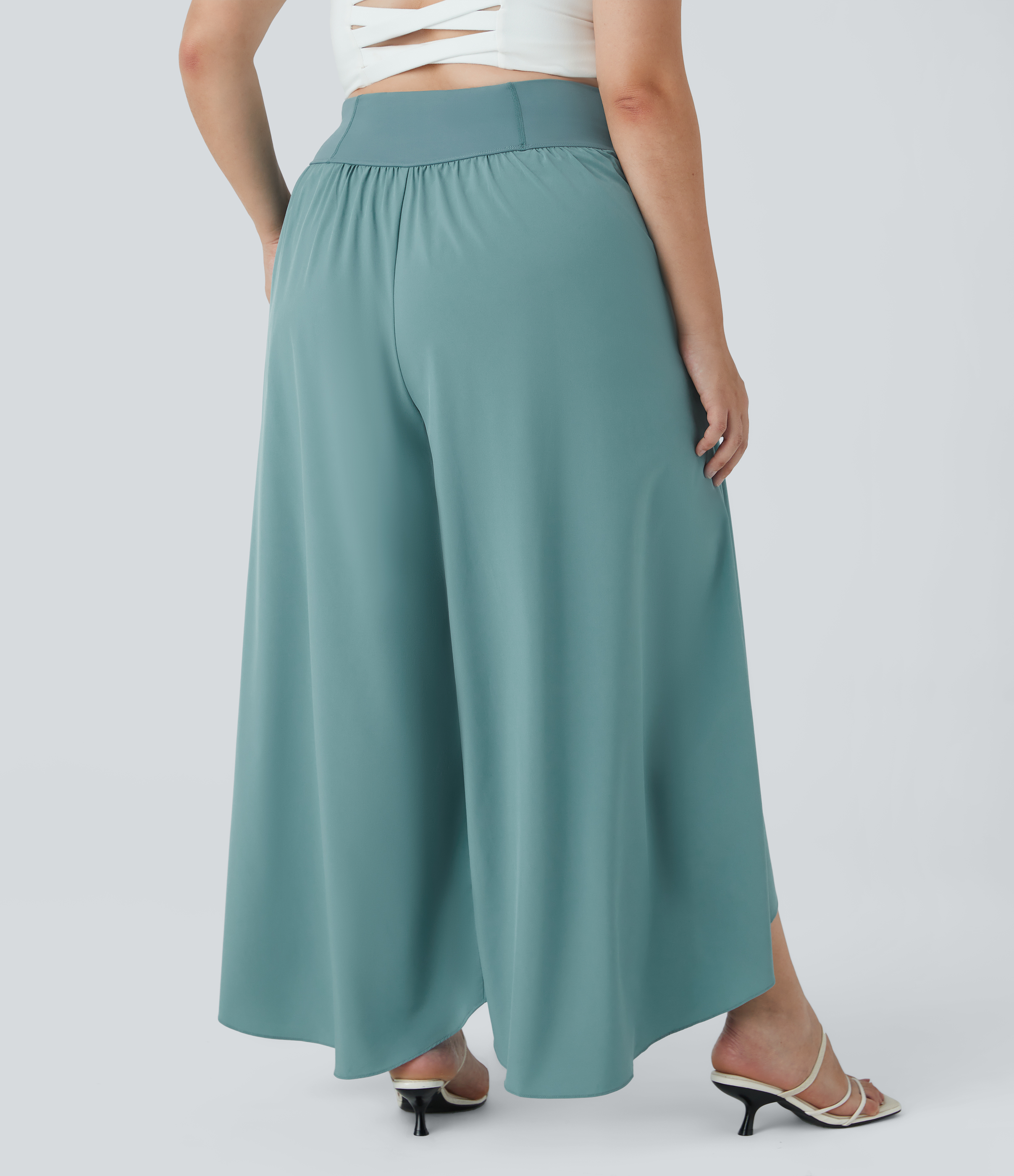 Halara Breezefulв„ў High Waisted Back Waistband Pocket Palazzo Flowy Split Wide Leg Quick Dry Casual Plus Size Pants  - Mineral Blue - 1X(regular) 
