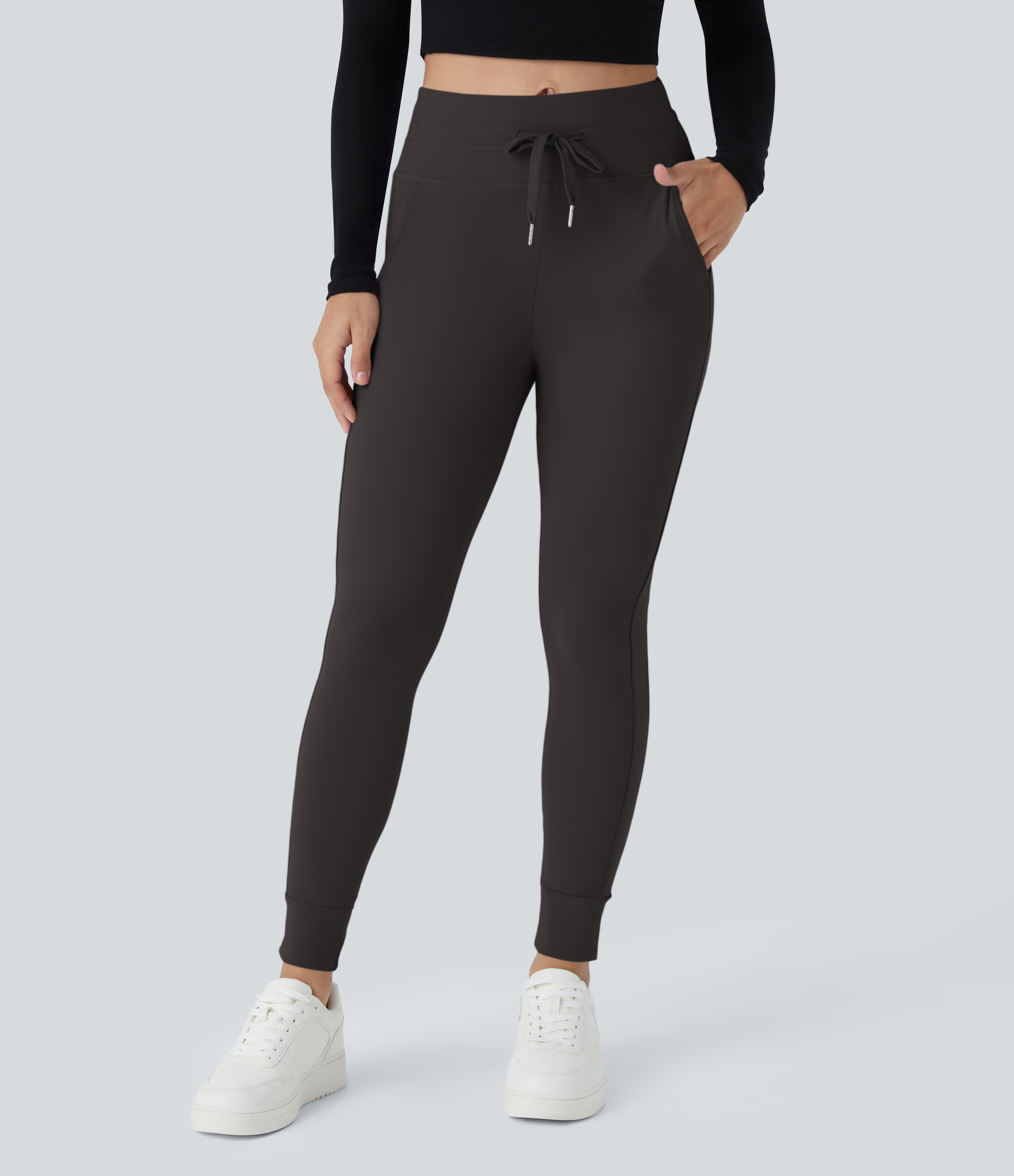 Halara Softlyzeroв„ў Plush High Waisted Drawstring Side Pocket Plain Full Length Joggers  - Espresso - L(petite) 