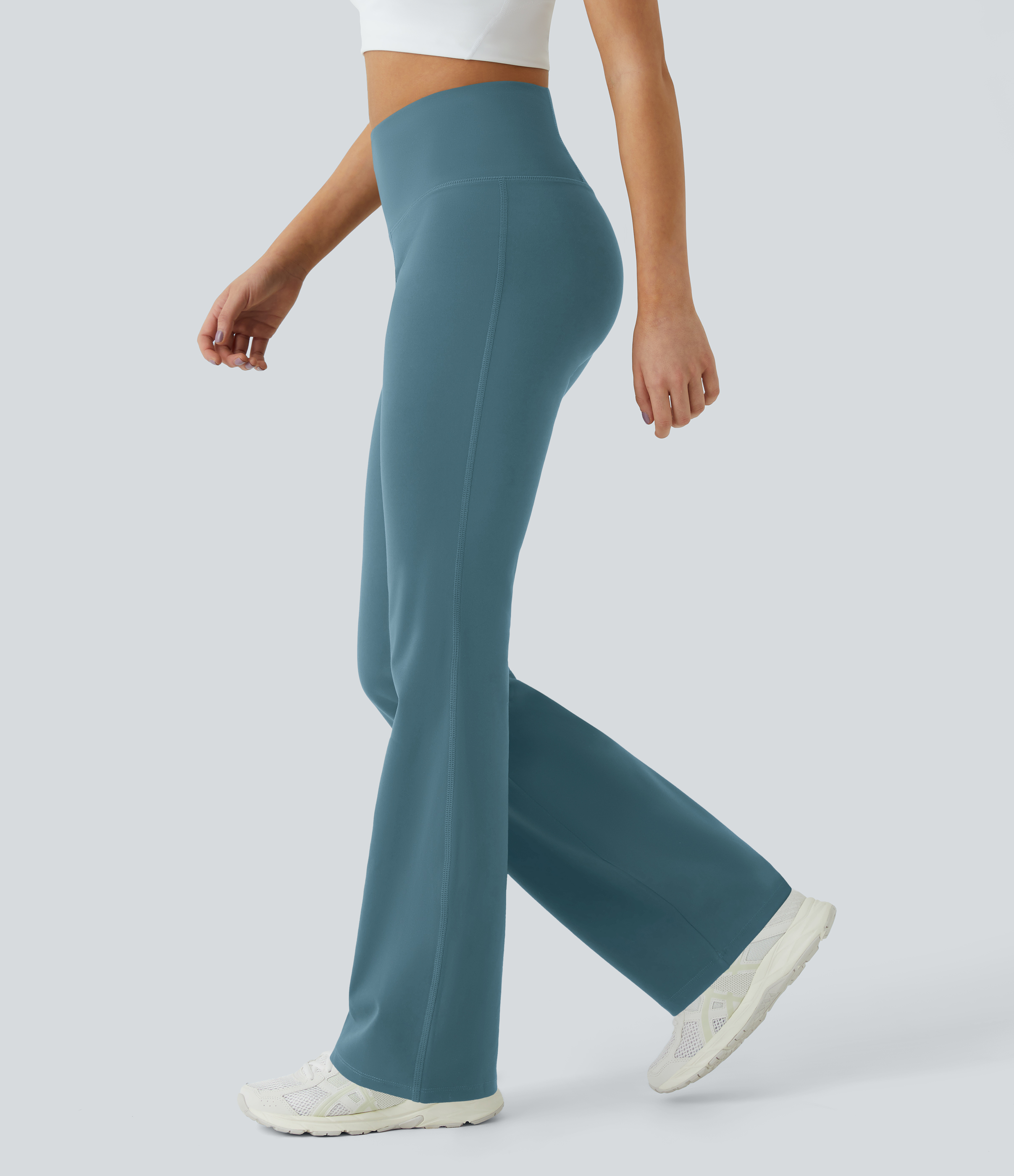 Halara High Waisted Back Pocket Plain Slight Flare Leggings  - Misty Cyan Blue - M(petite) gym leggings leggings with pockets 