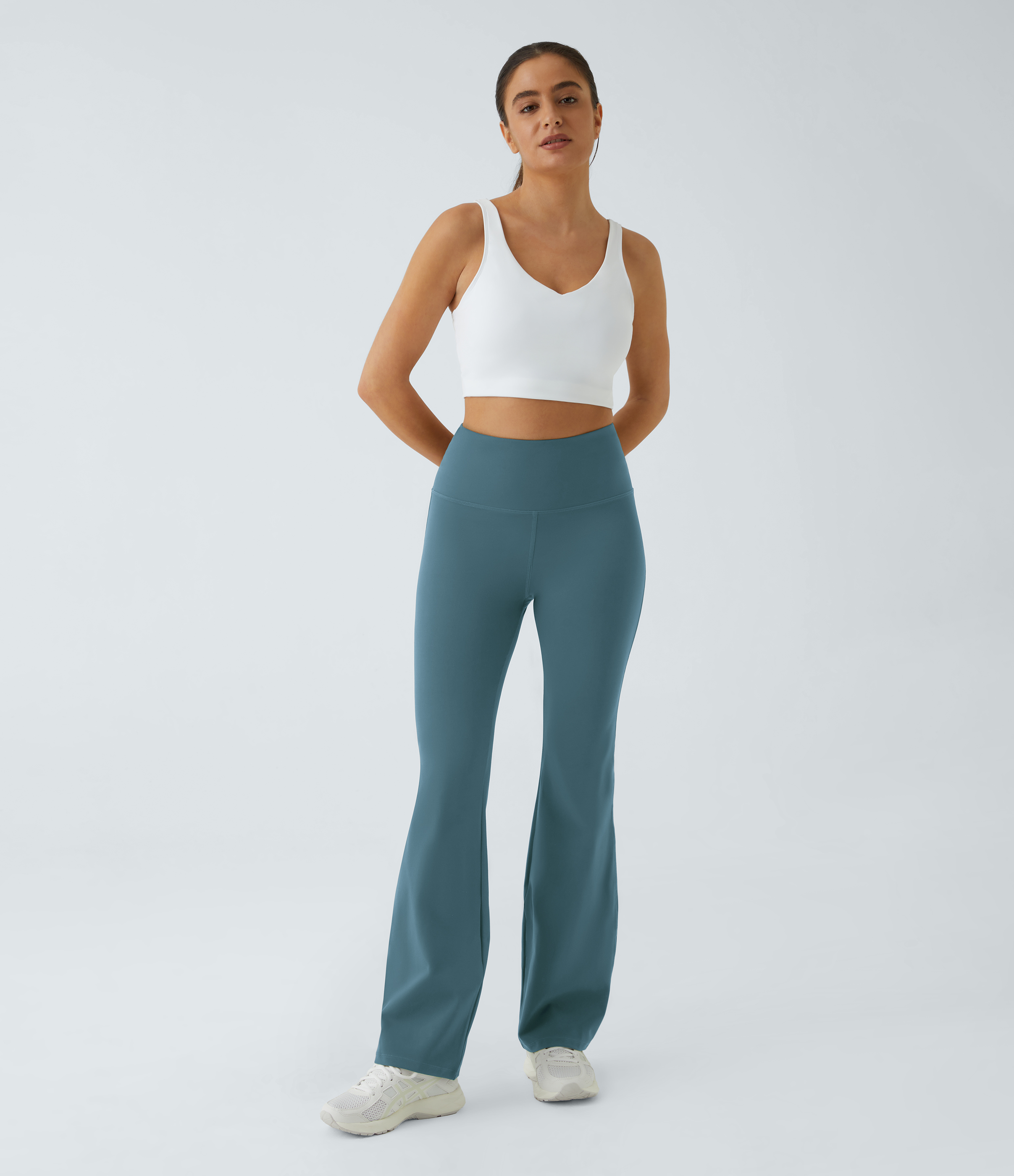 Halara High Waisted Back Pocket Plain Slight Flare Leggings  - Misty Cyan Blue - M(petite) gym leggings leggings with pockets 