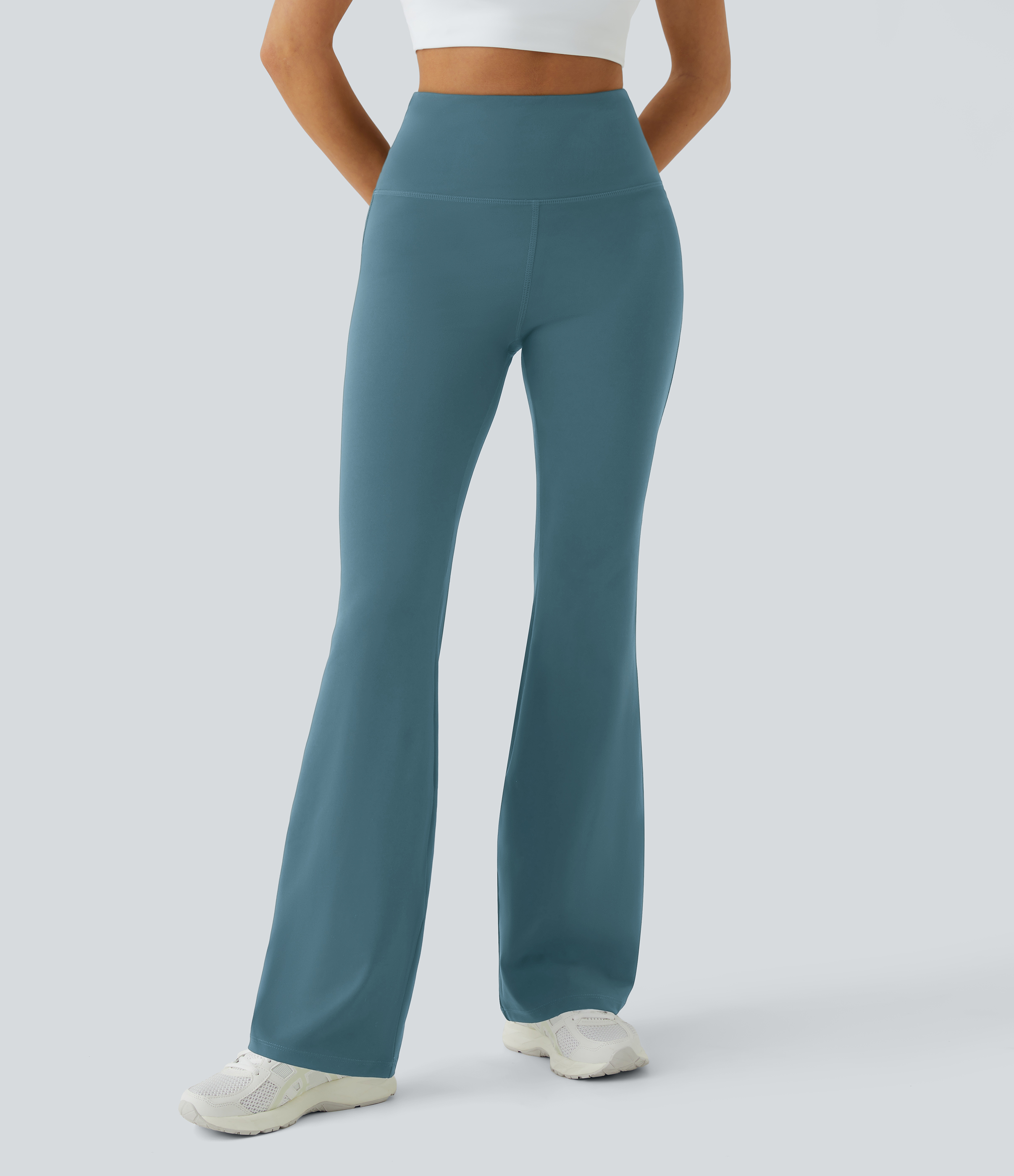Halara High Waisted Back Pocket Plain Slight Flare Leggings  - Misty Cyan Blue - M(petite) gym leggings leggings with pockets 