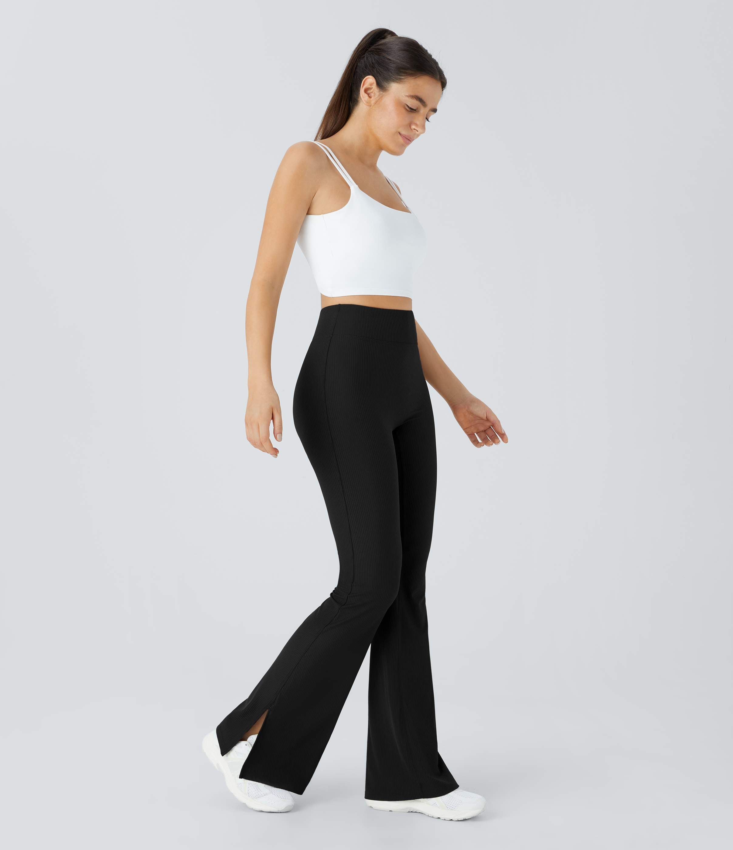 Halara Ribbed High Waisted Split Flared Yoga Full Length Leggings  - Black - M gym leggings leggings with pockets leggings with butt lift 