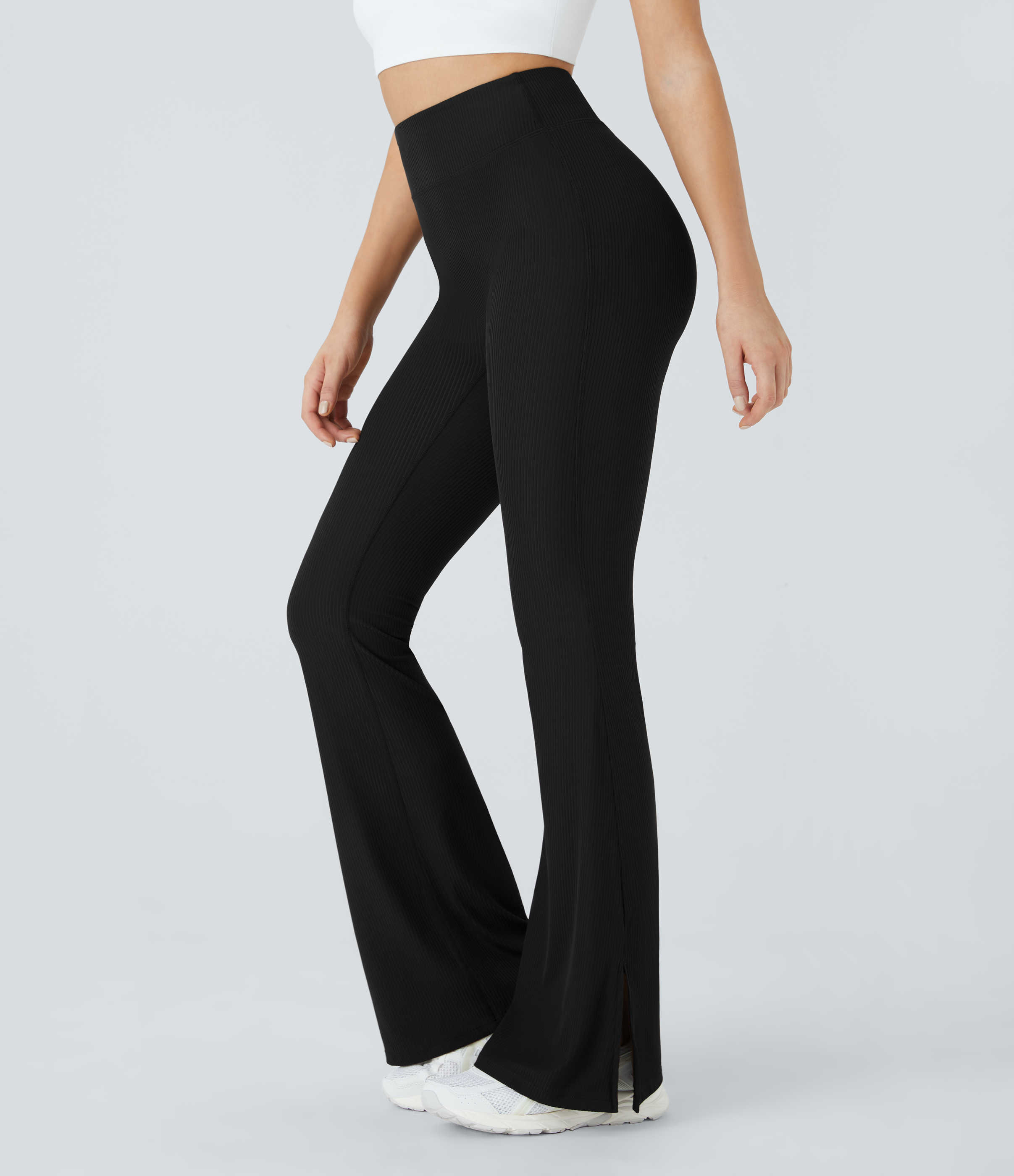 Halara Ribbed High Waisted Split Flared Yoga Full Length Leggings  - Black - M gym leggings leggings with pockets leggings with butt lift 