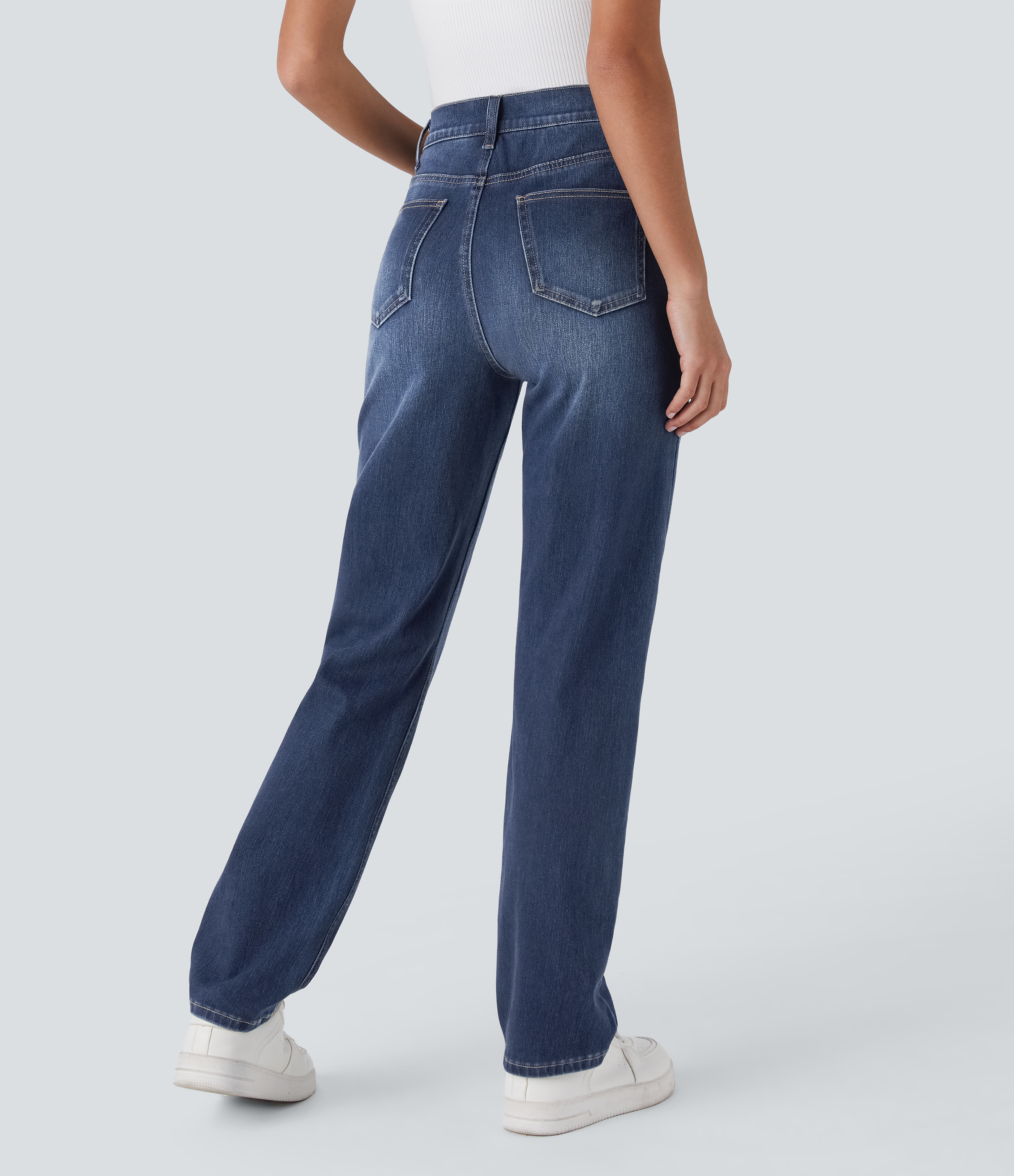 Paint Blue Denim Halara Flex™ High Waisted Pockets Straight Leg Washed Casual Jeans / 2
