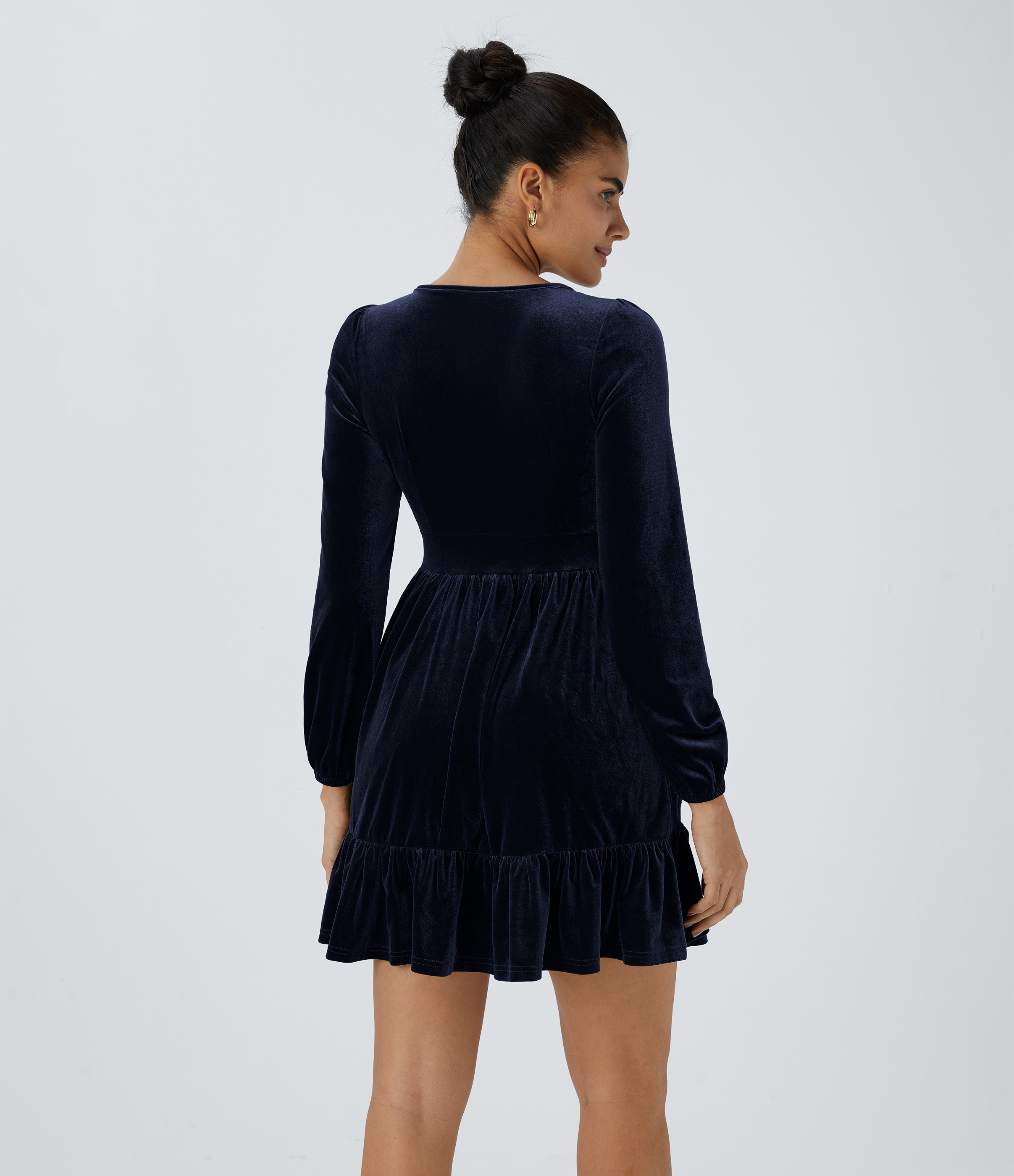 Deep Twilight Everyday Deep V Neck Long Sleeve Ruffled Hem Velvet Mini Chill Dress / 2