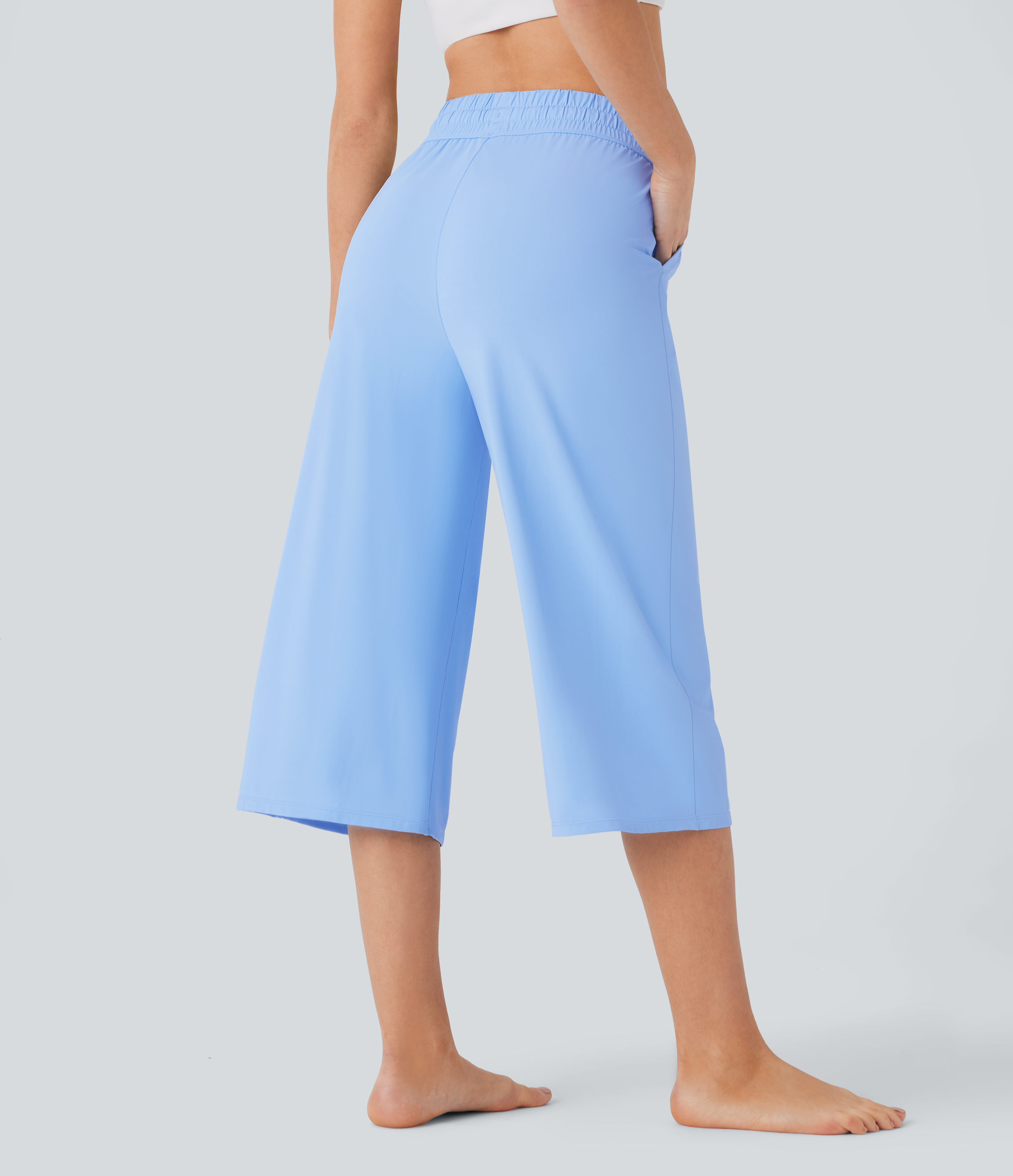Halara High Waisted Drawstring Multiple Pockets Wide Leg Cool Touch Yoga Capri Pants  - Sky Blue - M 
