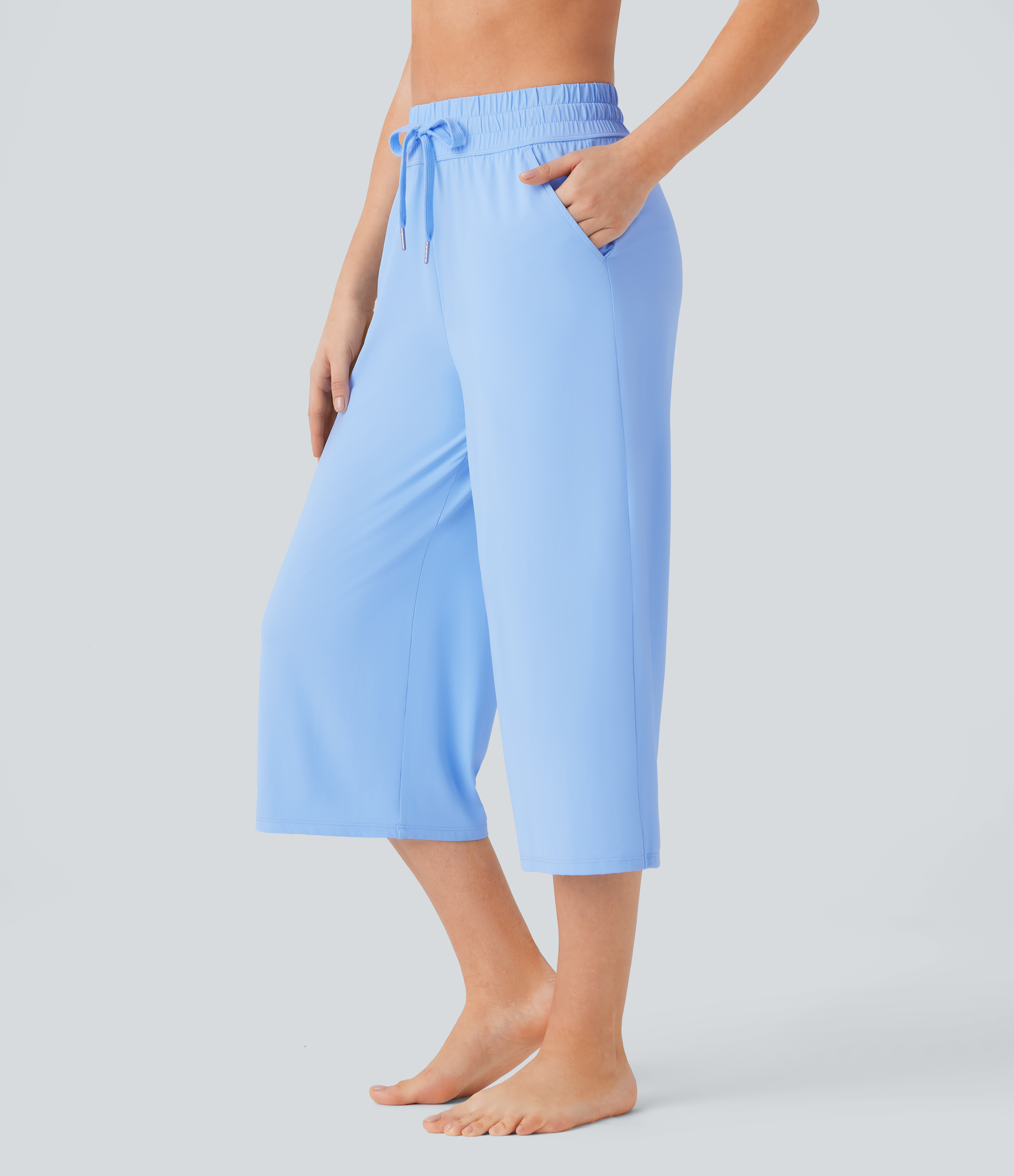 Halara High Waisted Drawstring Multiple Pockets Wide Leg Cool Touch Yoga Capri Pants  - Sky Blue - M 