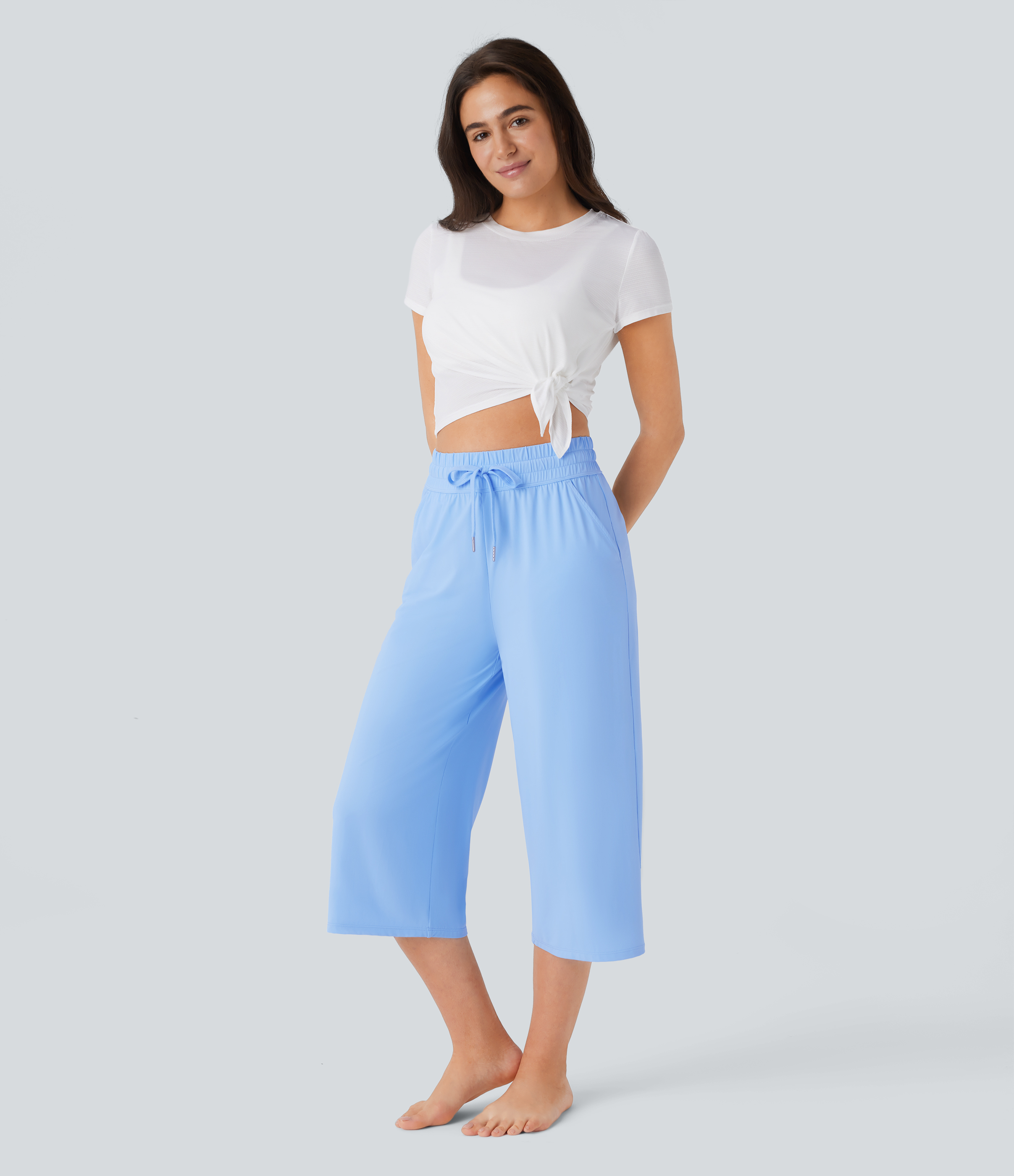 Halara High Waisted Drawstring Multiple Pockets Wide Leg Cool Touch Yoga Capri Pants  - Sky Blue - M 