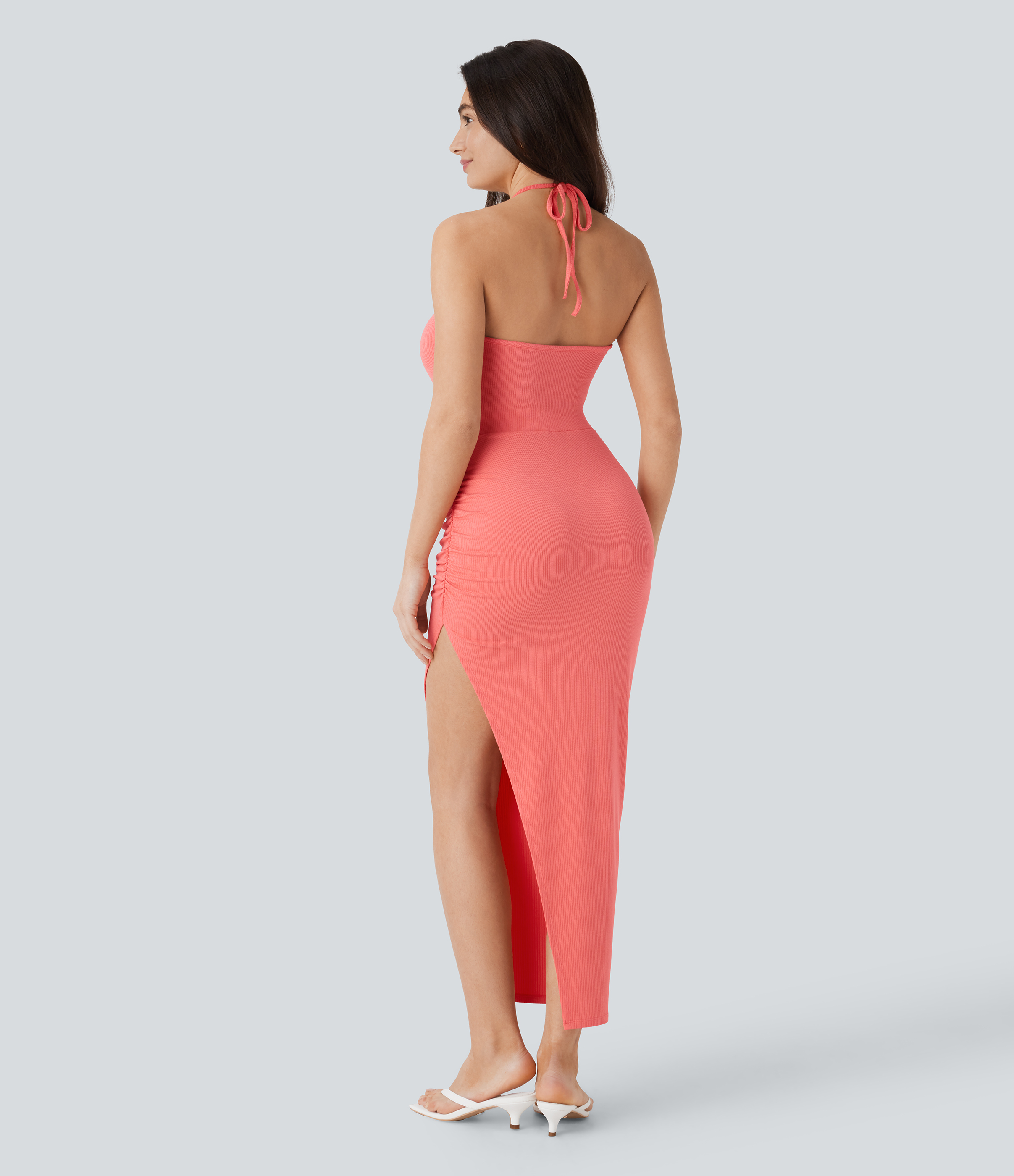 Halara Ribbed Knit Halter Backless Tie Front Cut Out Ruched Split Maxi Resort Dress Casual Dress - Salmon - XS slip dress beach dress 