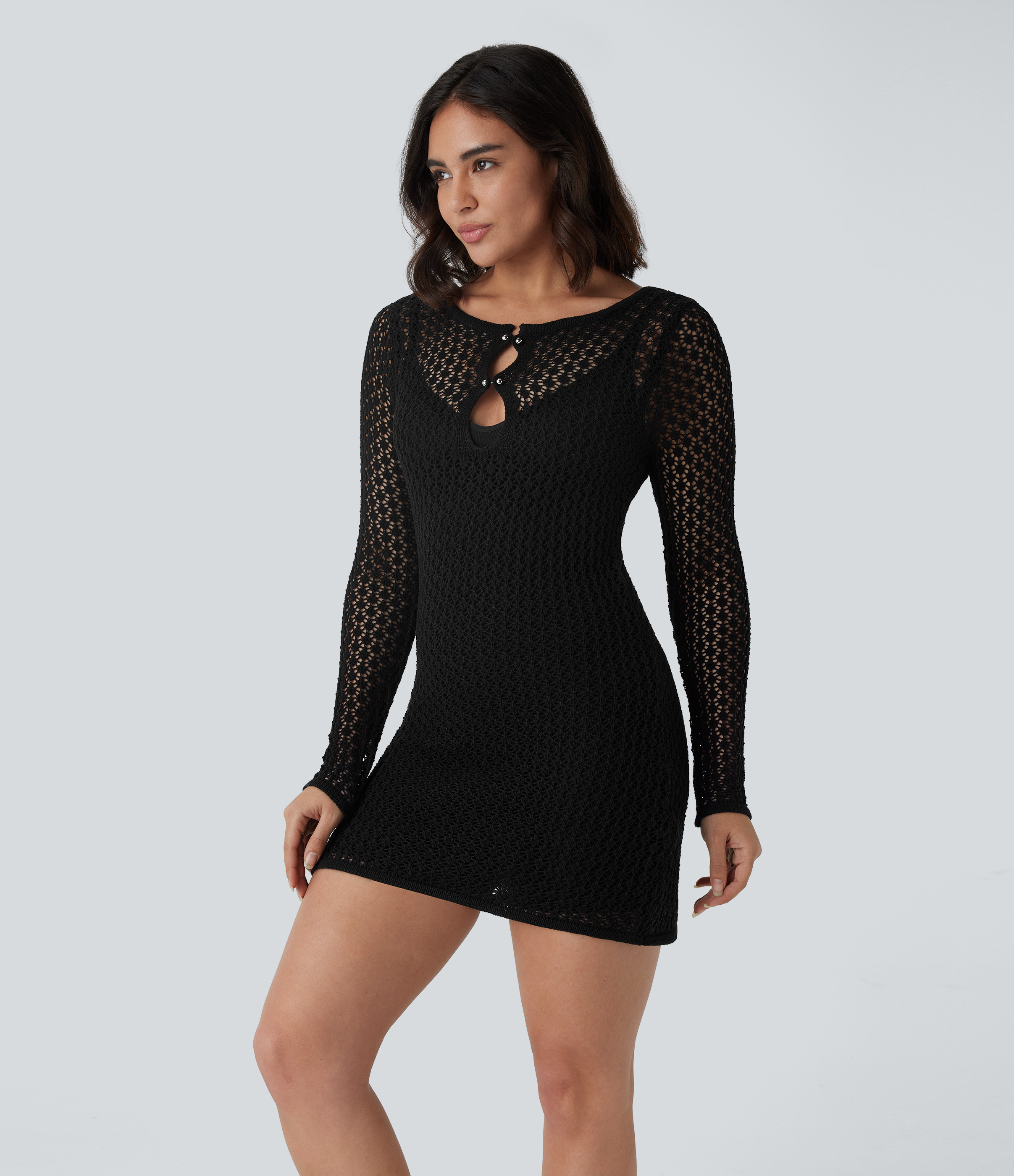 Halara Backless Long Sleeve Slim Mini Crochet Knit Resort Dress  - Black - XL 